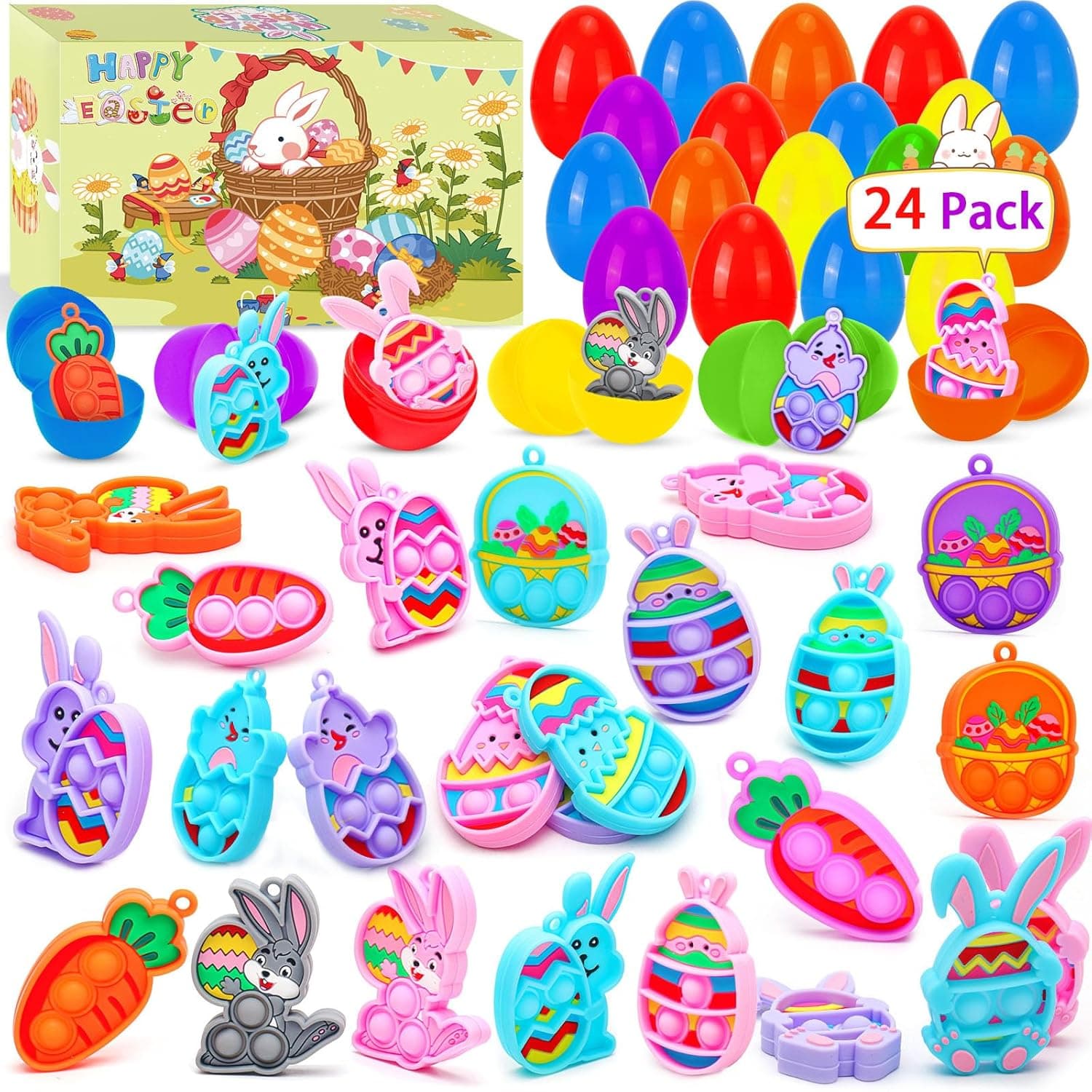 CHILDGO Easter Pop Fidget Toys - 24 Pack Filled Easter Eggs with Mini Keychains — Easter Gifts gift idea