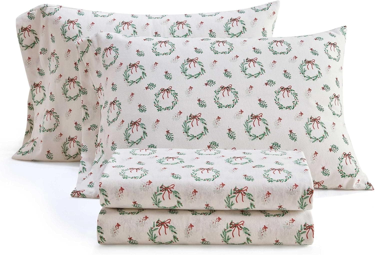 Martha Stewart - Flannel Sheets Full Size, Anti-Pilling &amp; Wrinkle Resistant Cotton, Touchably Soft for All-Season Comfort - Matching Pillowcases &amp; Fitted Sheet (Wreaths &amp; Mistletoe Green) : Home &amp; Kitchen thumbnail 2