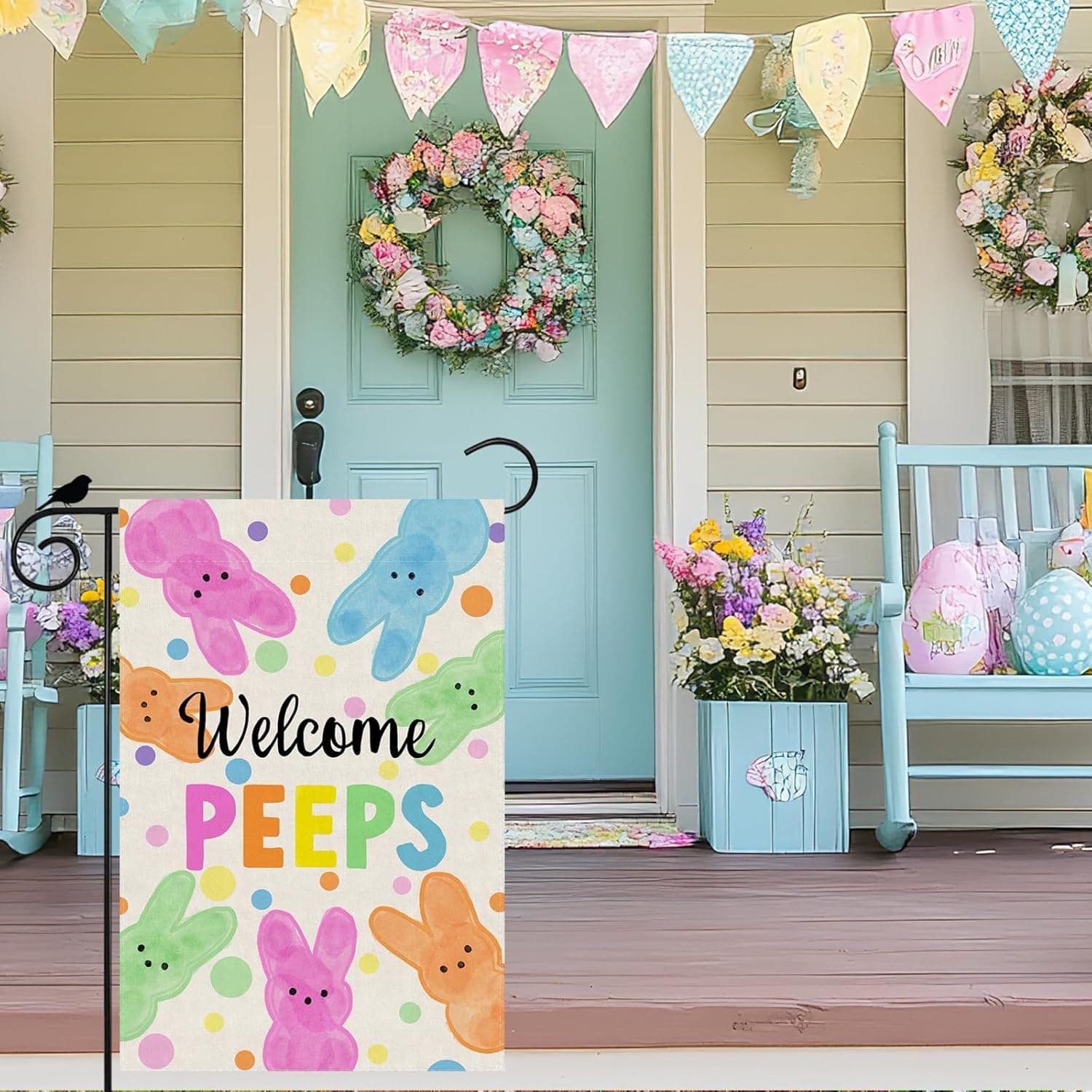 ZAEW Welcome Easter Colorful Dots Cute Bunny Watercolor Rabbits Spring Garden Flag Yard Flag 12x18 Inch Double Sided Small Mini Yard Outdoor Outside Holiday Decoration : Patio, Lawn &amp; Garden thumbnail 3