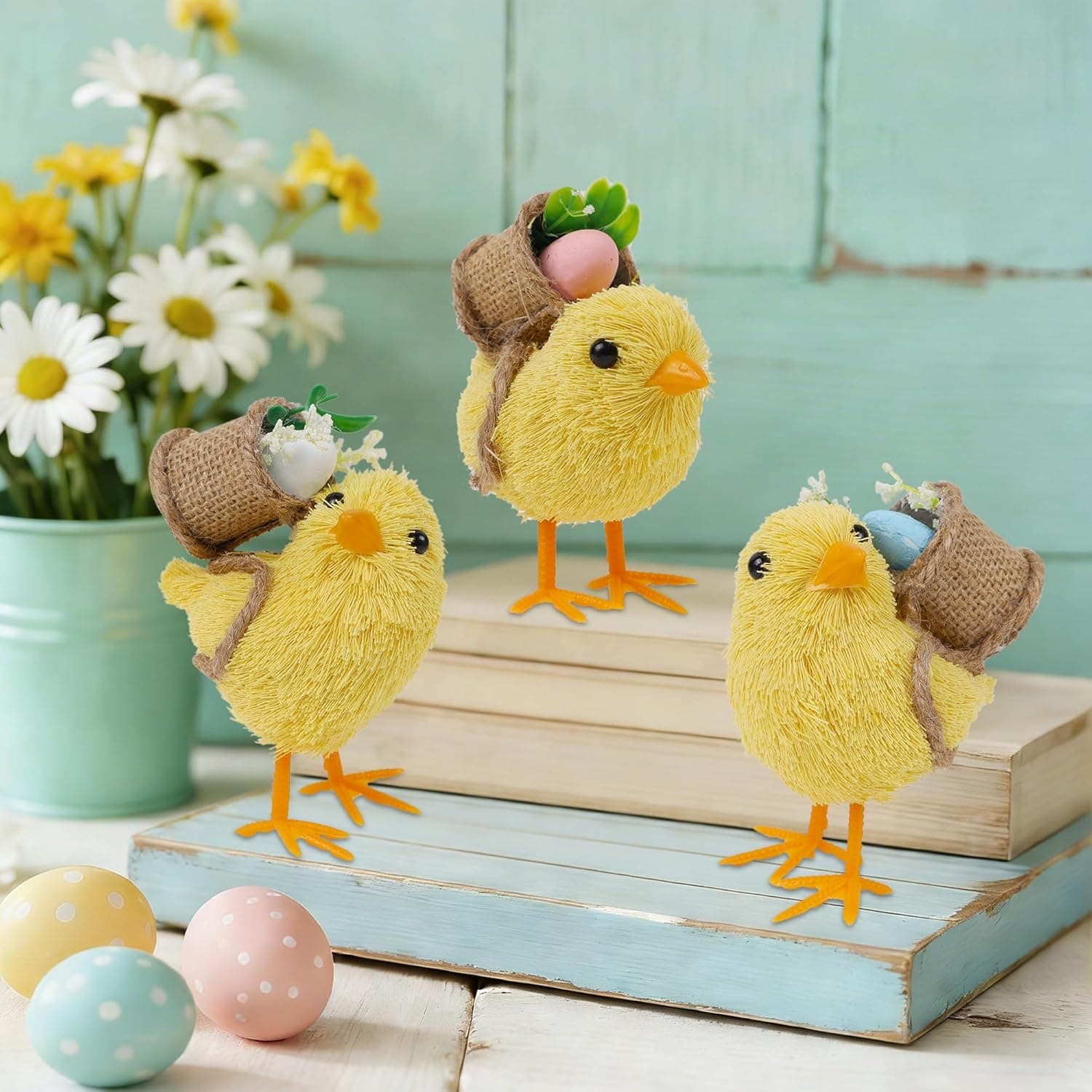 DR.DUDU Set of 3 Easter Decorations 4.5" Straw Chick Figurines with Egg Baskets, Realistic Baby Chick Tabletop Decor, Sisal Chicken Statue Farm Animal Spring Decor for Home Kitchen Office Farmhouse : Home &amp; Kitchen thumbnail 5