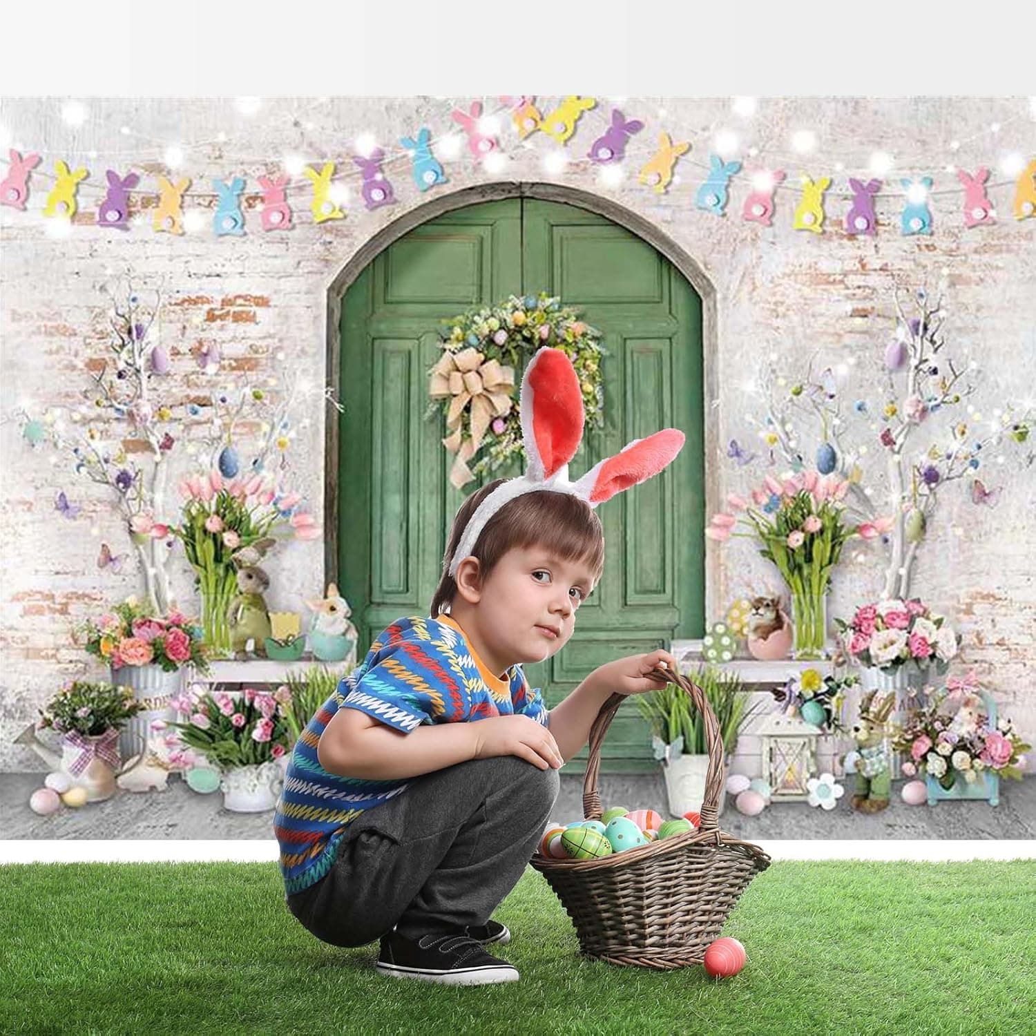 Mocsicka Easter Backdrop - Green Wooden Doors & Bunny Rabbit Design (7x5ft) thumbnail 4
