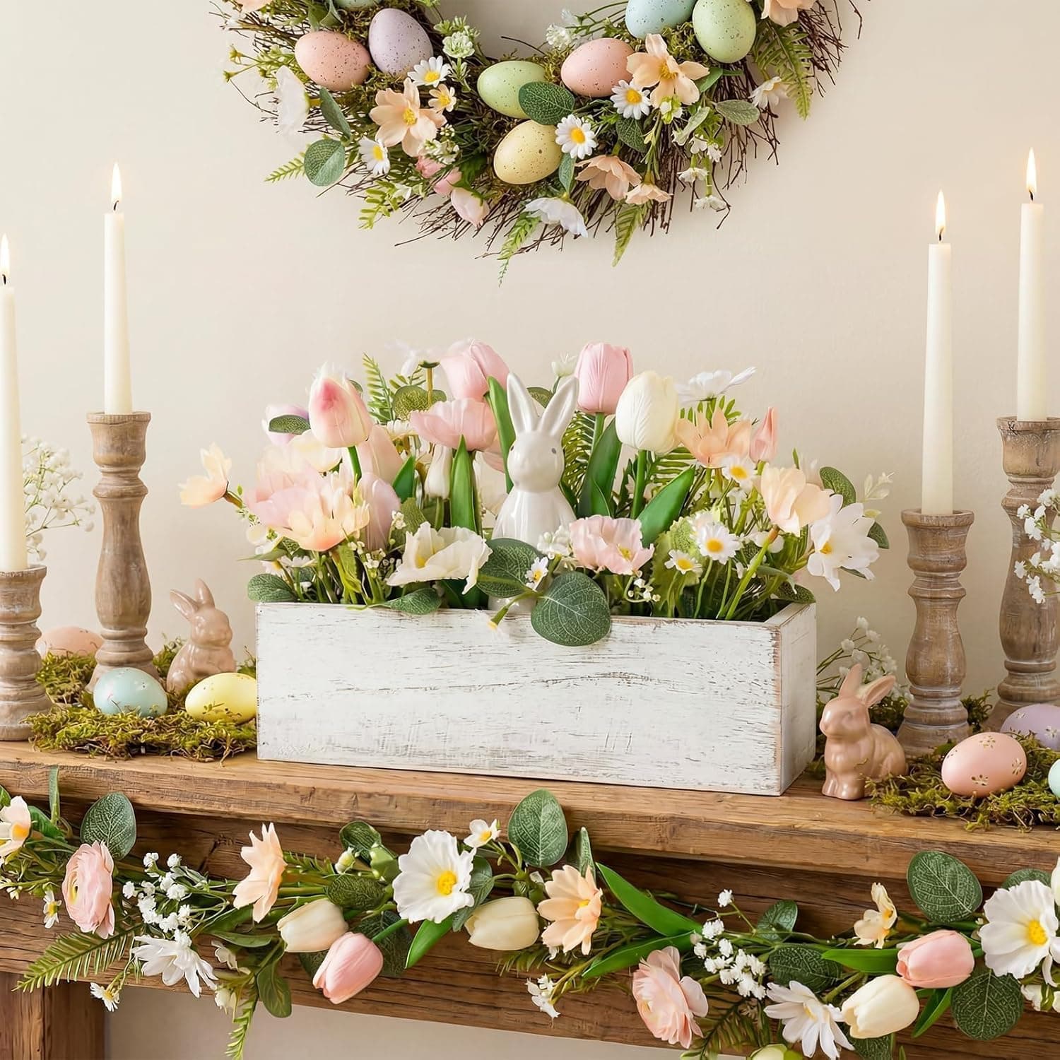 Pawliss Artificial Flowers Easter Decoration - White Ceramic Rabbit with Rustic Wooden Vase thumbnail 5