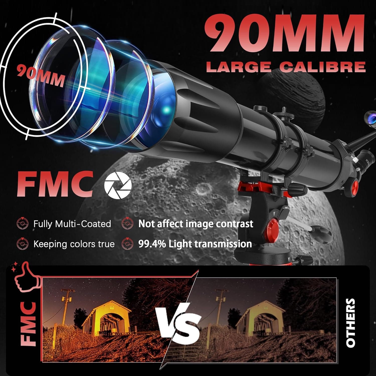 Professional Refractor Telescope 90mm Aperture with Tripod and Phone Adapter thumbnail 2