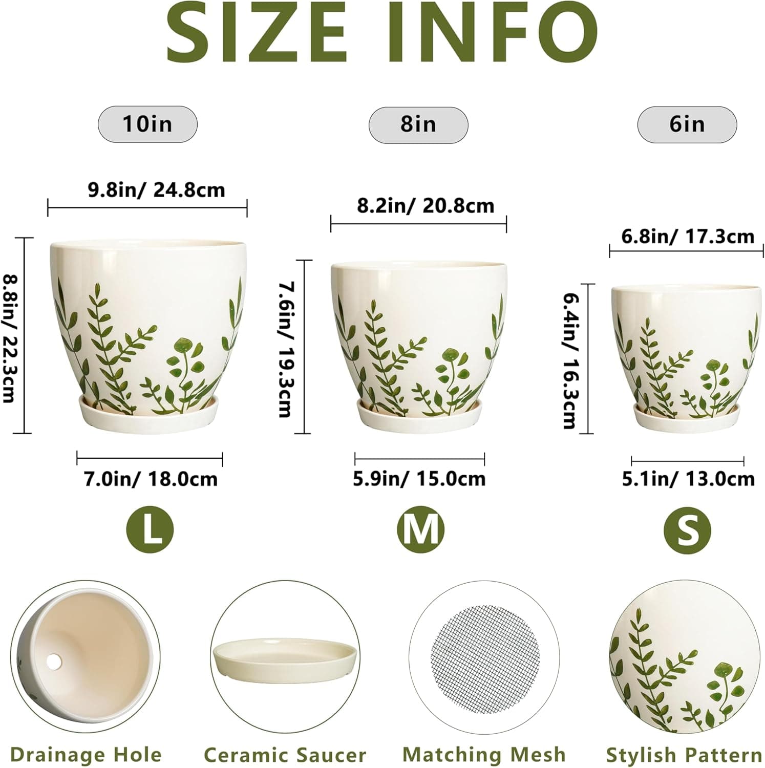 MPotTo Ceramic Plant Pots - Set of 3 Boho Planters with Drainage Saucers thumbnail 3