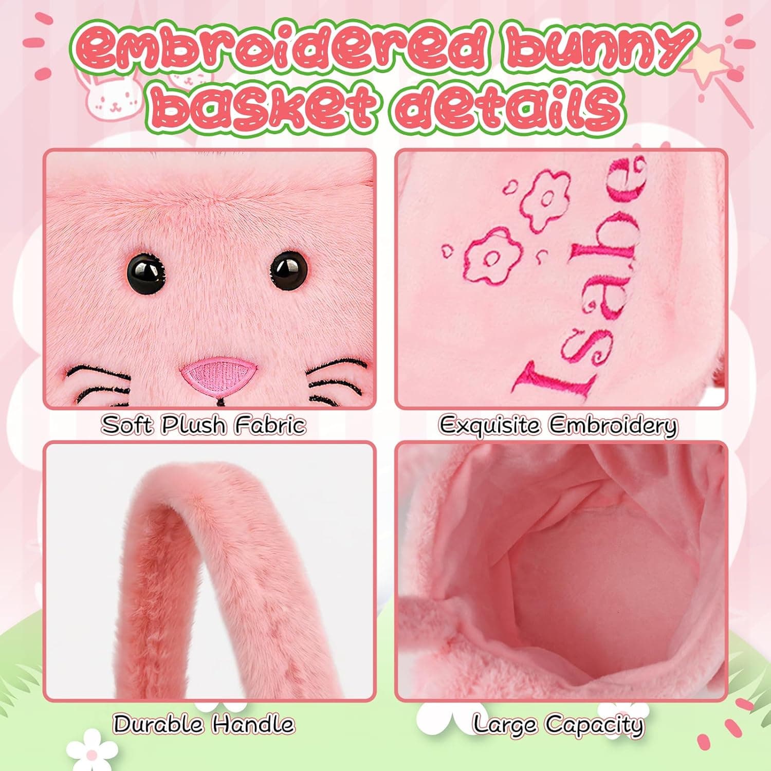 Personalized Easter Baskets for Kids, Custom Embroidered Bunny Basket with Name Boys &amp; Girls Spring Egg Hunt Tote with Long Plush Ear, Easter Gift Basket Decor Birthday Christmas Gifts : Baby thumbnail 5