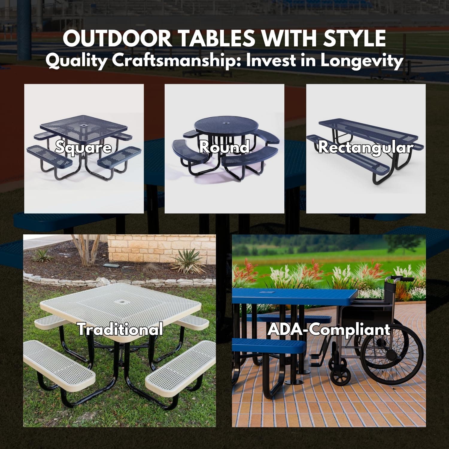Heavy-Duty Portable Outdoor Picnic Table with Umbrella Hole, 46" Square Top, Textured Green thumbnail 4