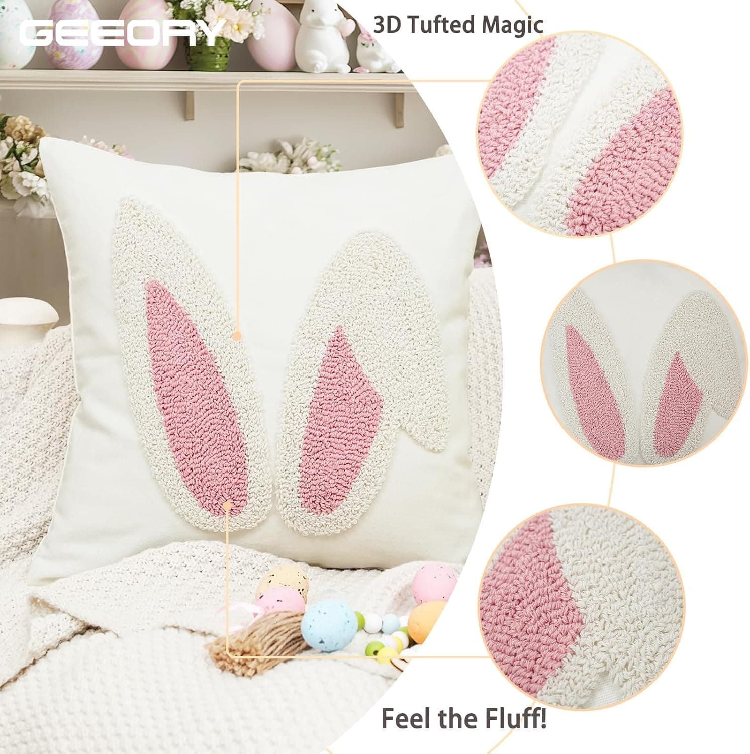 GEEORY 3D Embroidered Easter Bunny Pillow Cover 18x18 Inch, Spring &amp; Easter Decorations Farmhouse Home Decor Throw Pillow Case for Sofa &amp; Bed GX015-1-18 : Home &amp; Kitchen thumbnail 3