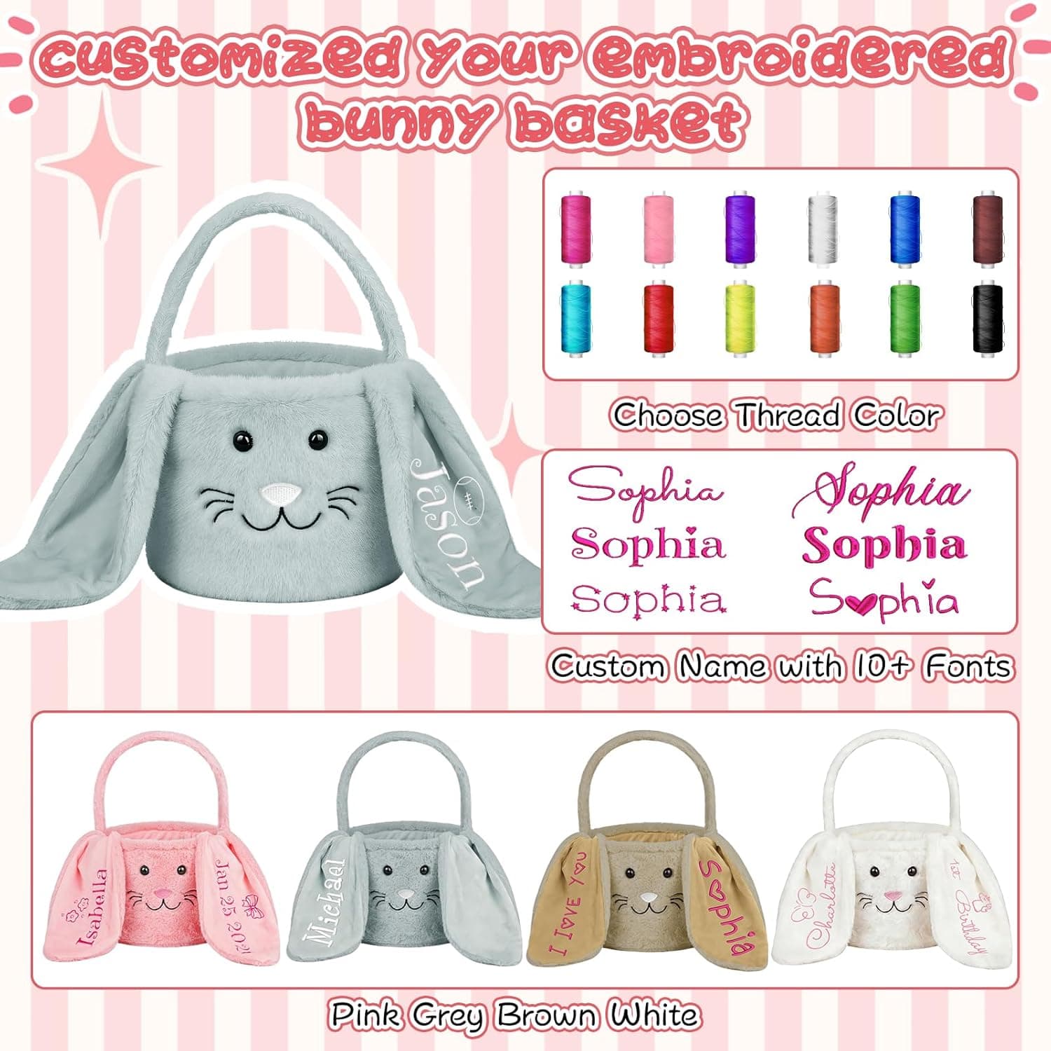 Personalized Easter Baskets for Kids, Custom Embroidered Bunny Basket with Name Boys &amp; Girls Spring Egg Hunt Tote with Long Plush Ear, Easter Gift Basket Decor Birthday Christmas Gifts : Baby thumbnail 3