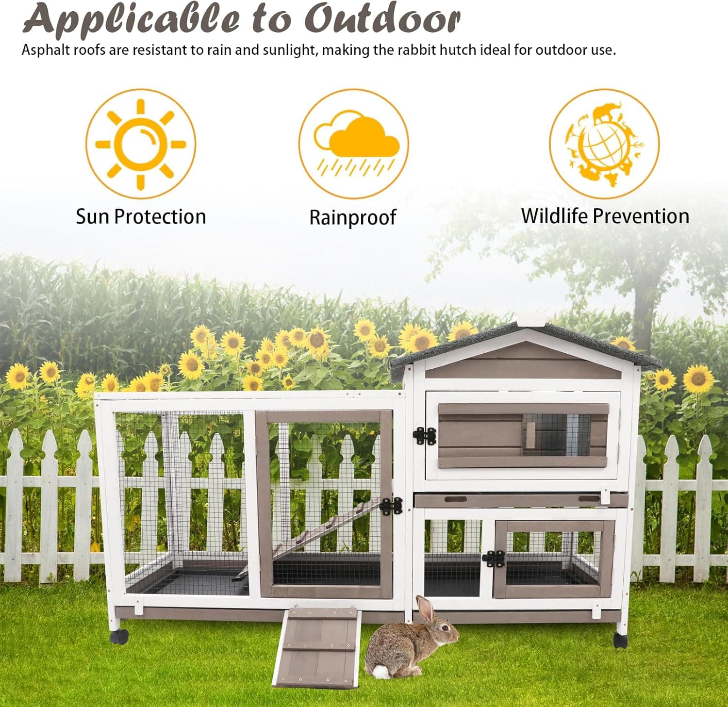 Gowoodhut Rabbit Hutch Indoor Outdoor 2 Story Bunny Cage with 6 Wheels thumbnail 5