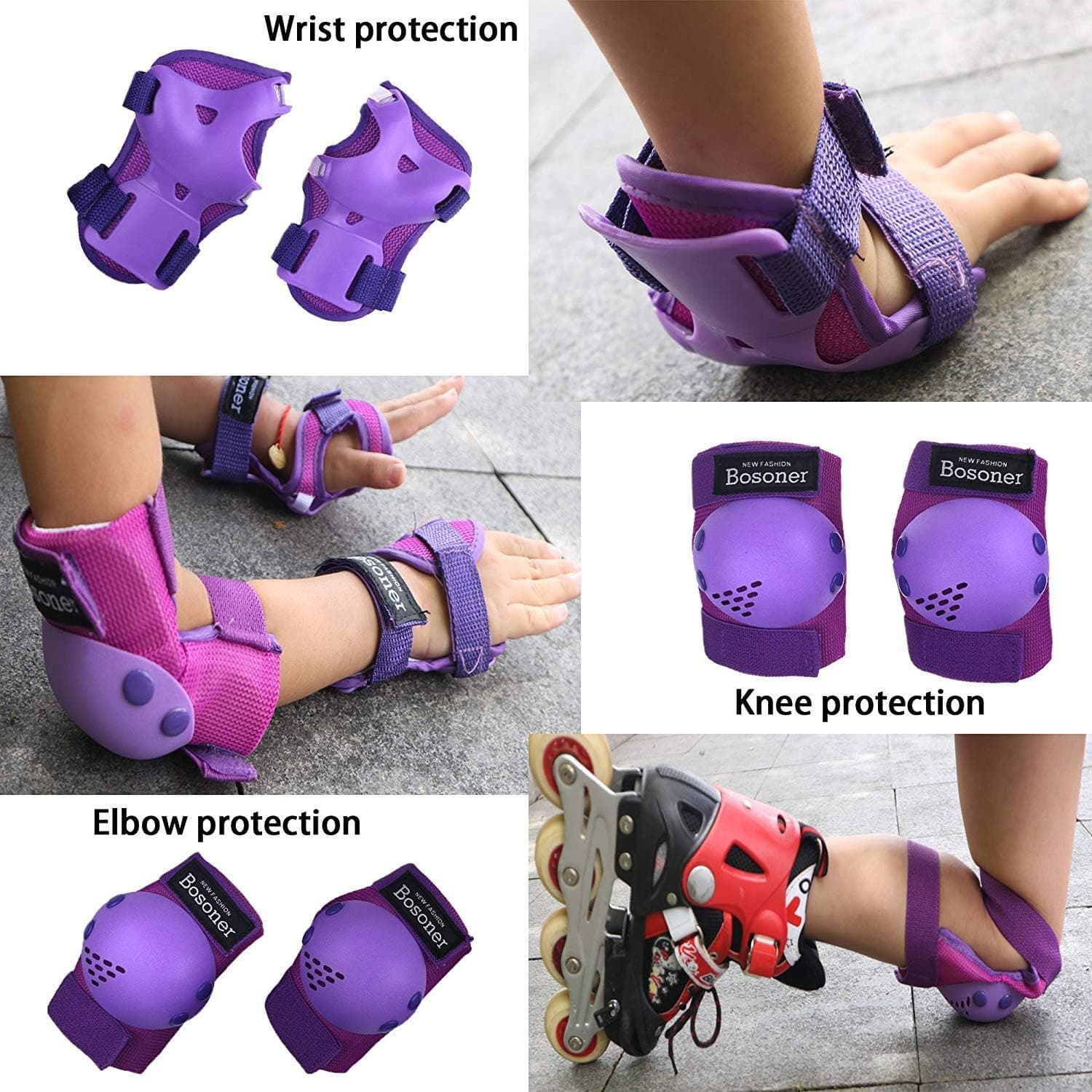 BOSONER Kids Protective Gear Set - Knee Pads, Elbow Pads & Wrist Guards thumbnail 3