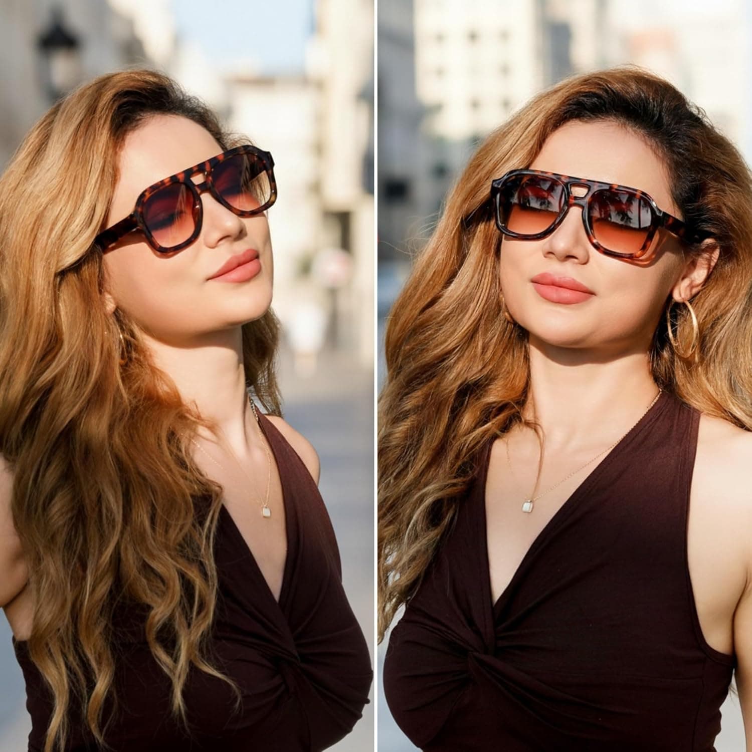 FEISEDY Vintage Pilot Sunglasses Double Bridge Large Square Thick Frame thumbnail 4