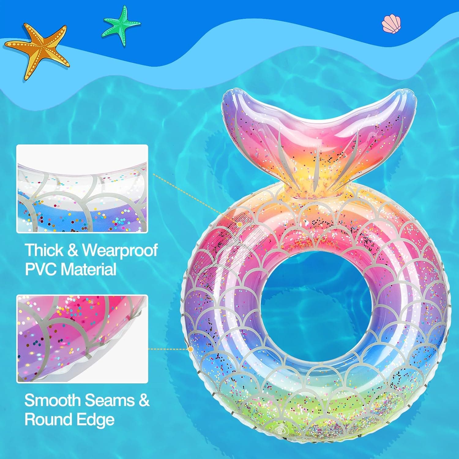 MoKo Inflatable Swimming Ring, Children Cute Pool Float Tube Decorations Swim Tubes Outdoor Pool Beach Water Floats Party Supplies Kids Floaties, Rainbow Silver Scales : Toys &amp; Games thumbnail 2