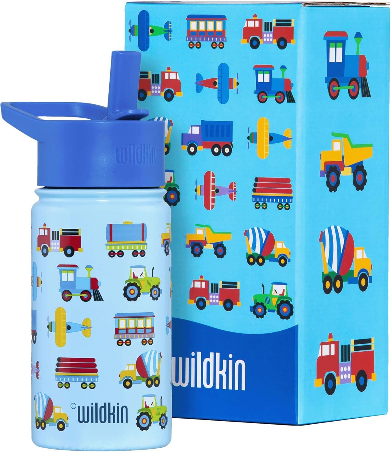 Wildkin Kids 14oz Stainless Steel Water Bottle - Trains, Planes & Trucks image 1