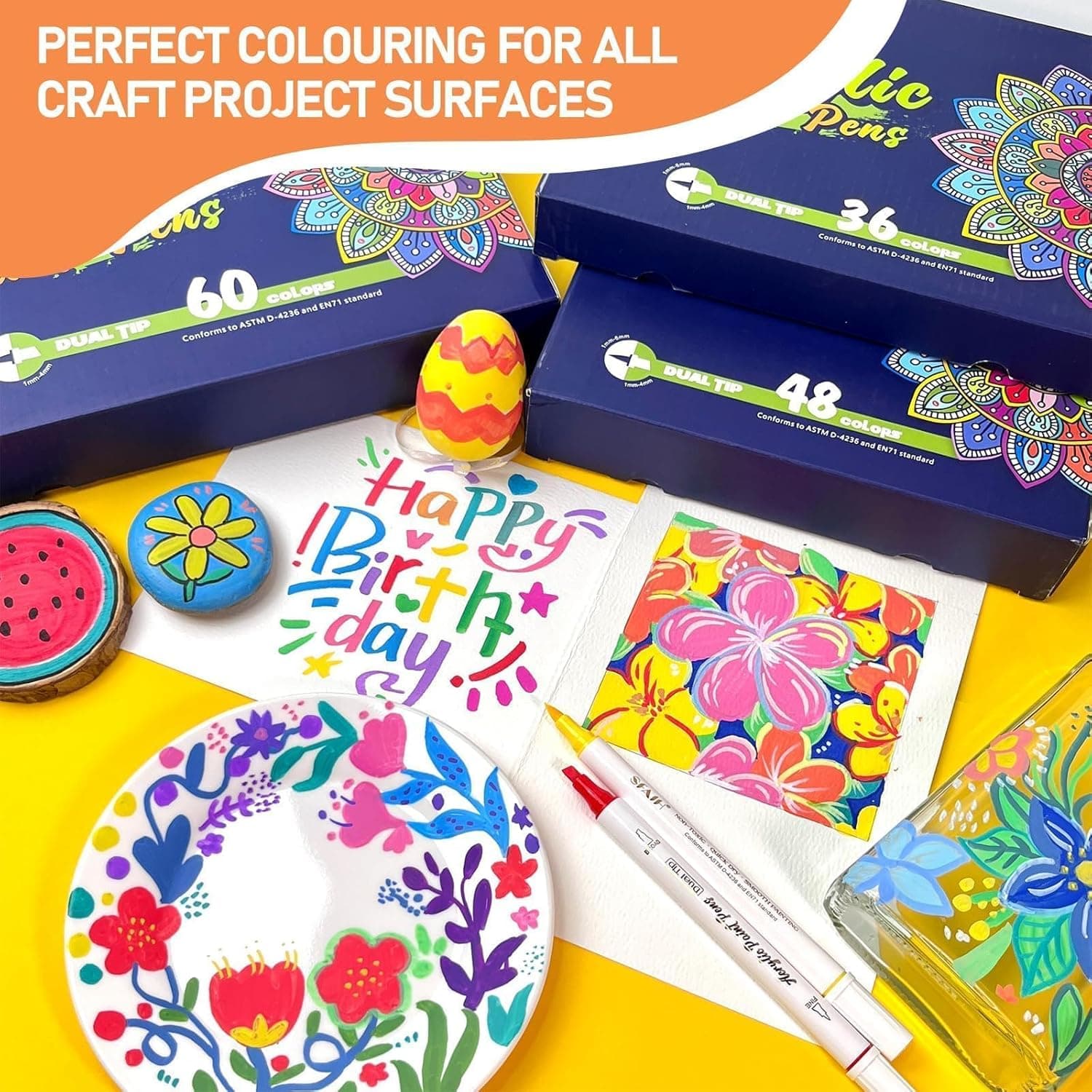 SFAIH 48 Colors Acrylic Paint Markers - Dual Tip Easter Egg Markers, Paint Pens for DIY Crafts Any Surface, Eggs Rock Wood Fabric, Quick Drying Non-Bleed Waterproof [1-5mm Brush &amp; Chisel] : Arts, Crafts &amp; Sewing thumbnail 2