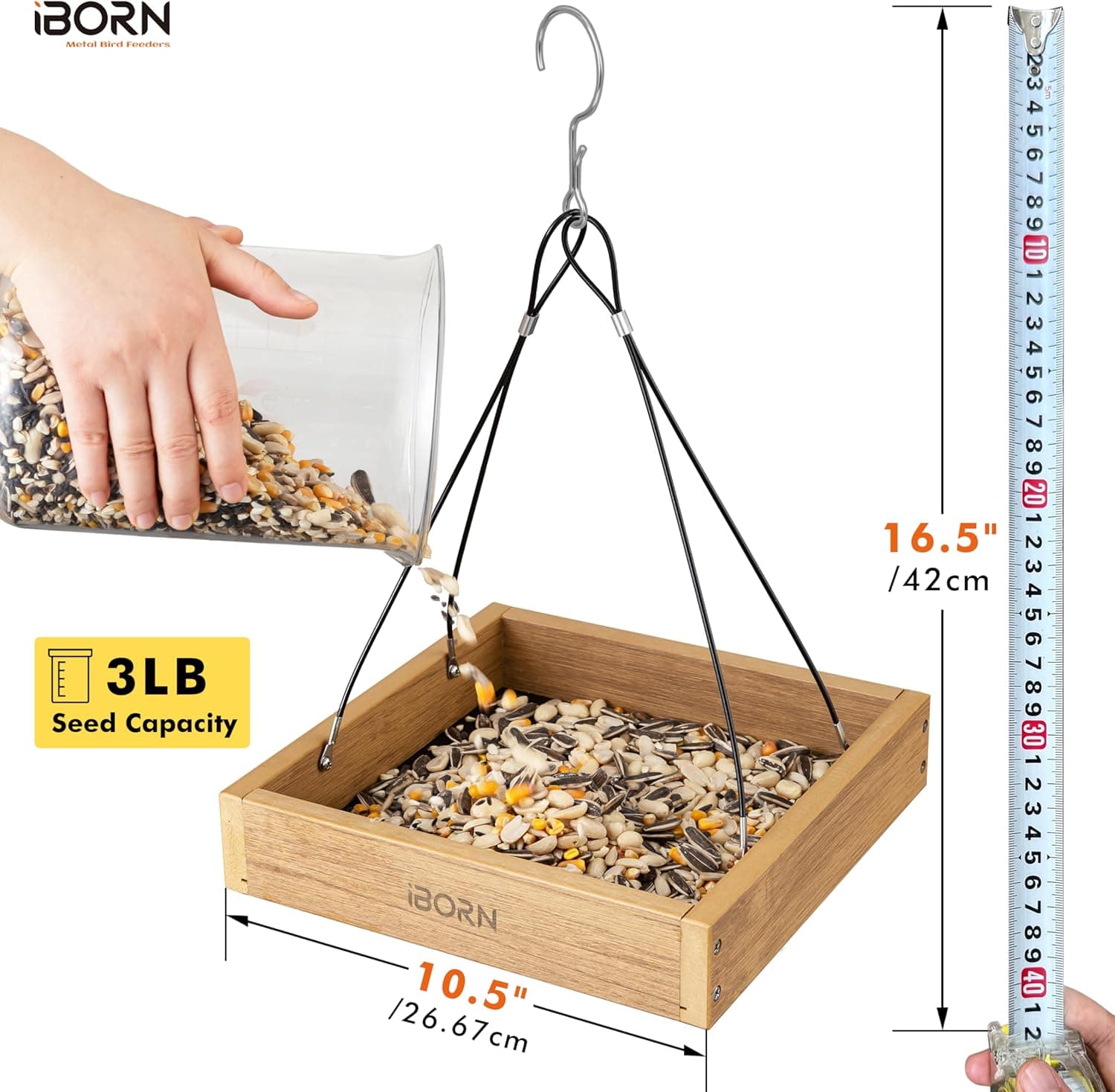 iBorn Platform Bird Feeder Tray, Bird Feeders for Outdoors Hanging, Flat Birdfeeder Tray with Large Capacity 3LBS, WPC Recycled Plastic &amp; Cedar Look, Waterproof, 10.5"x10.5", Raw : Patio, Lawn &amp; Garden thumbnail 2