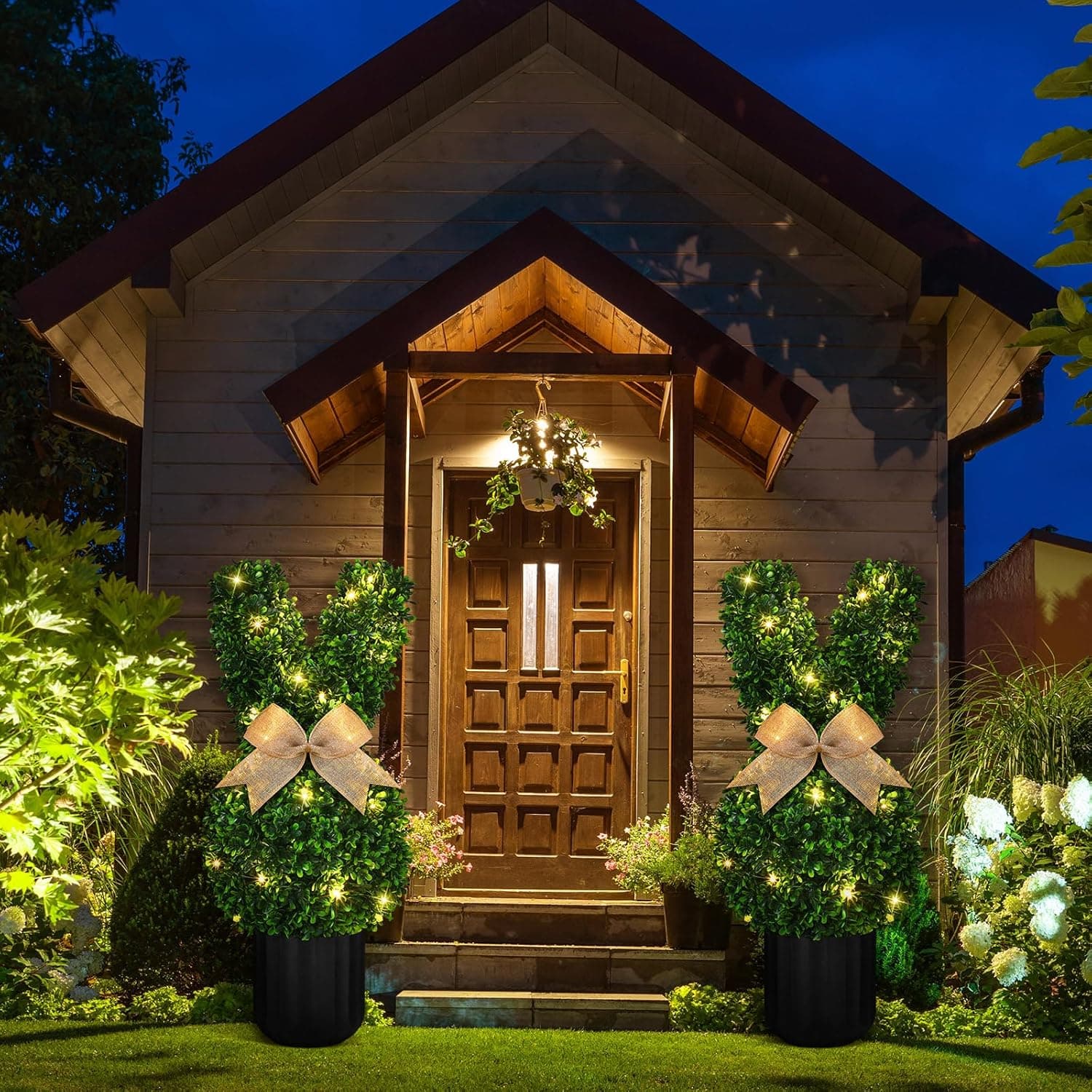 Amazon.com - Wavwavw 2 Sets Easter Bunny Topiary Tree Artificial Rabbit Topiary Outdoor Decorations 23.6 in Artificial Bunny-Shaped Tree Faux Boxwood Plant with String Lights for Garden Home Indoor Porch Decor thumbnail 5