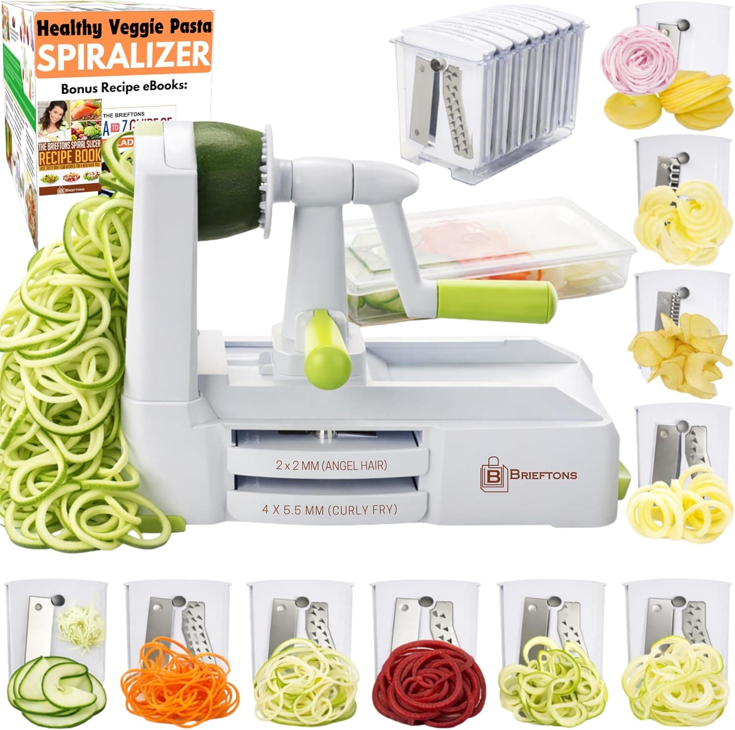 Brieftons 10-Blade Vegetable Spiralizer: Zucchini Spiral Slicer &amp; Veggie Noodle Maker, Japanese Steel Blades, Catch Container, Strong Suction Cup, Blade Caddy, 4 eBooks | Low Carb, Vegan, Gluten-Free: Home &amp; Kitchen — Spring Gift Ideas gift idea