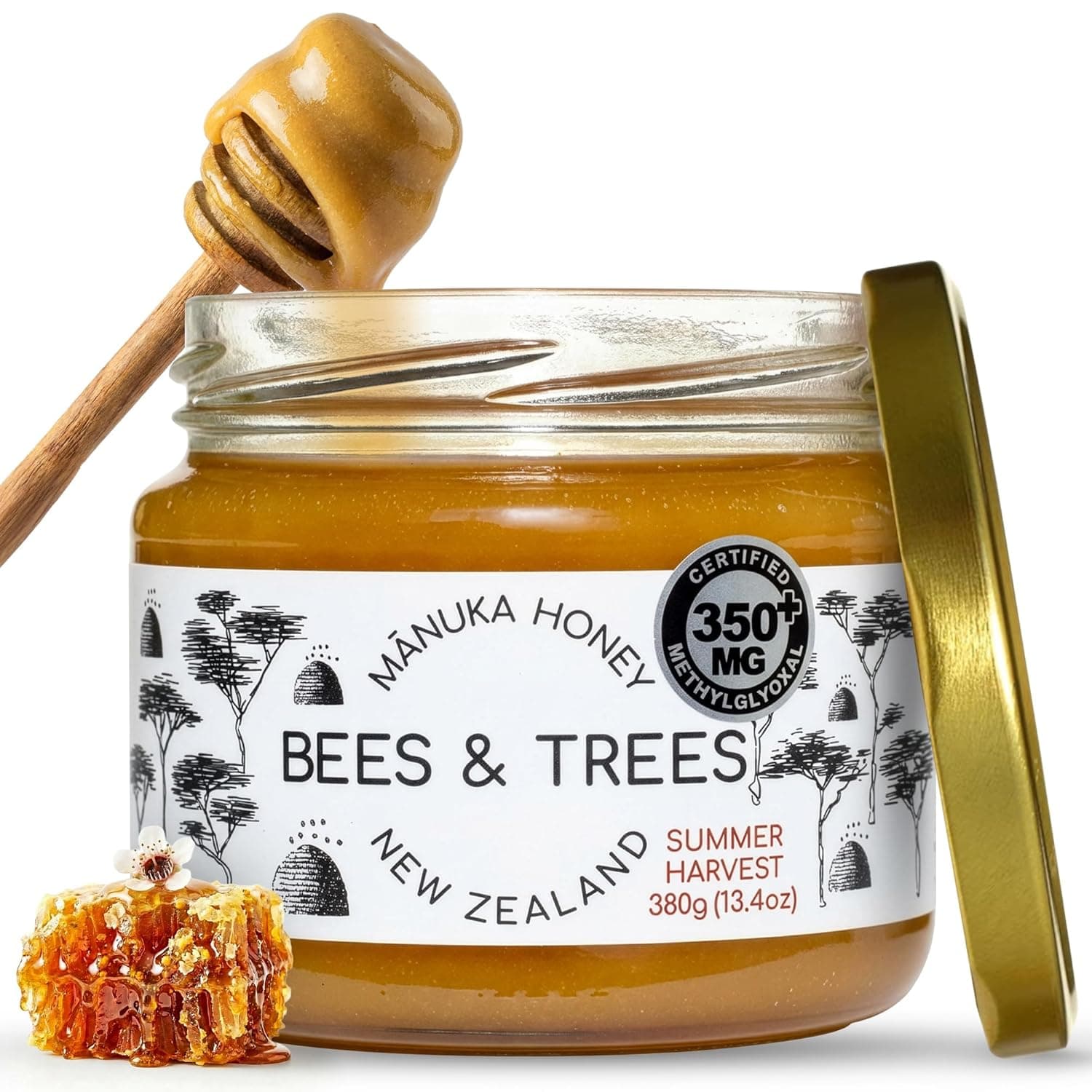 Bees &amp; Trees Manuka Honey 350+ MGO - Raw Pure New Zealand Monofloral Honey – Unpasteurized &amp; Natural Unfiltered Manuka for Tea, Coffee, Dressings, Smoothies &amp; Daily Use – Glass Jar, 380g (13.4oz) : Grocery &amp; Gourmet Food — Easter Gifts gift idea