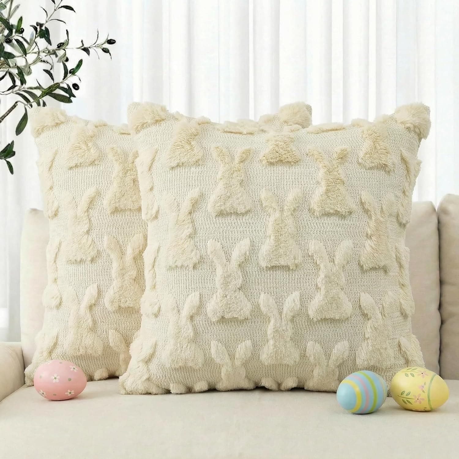 AVOIN colorlife Easter Rabbits Beige Throw Pillow Covers, 18 x 18 Inch Bunny Soft Plush Faux Fur Jacquard Cushion Case Decoration for Sofa Couch Set of 2 : Home &amp; Kitchen — Easter Gifts gift idea