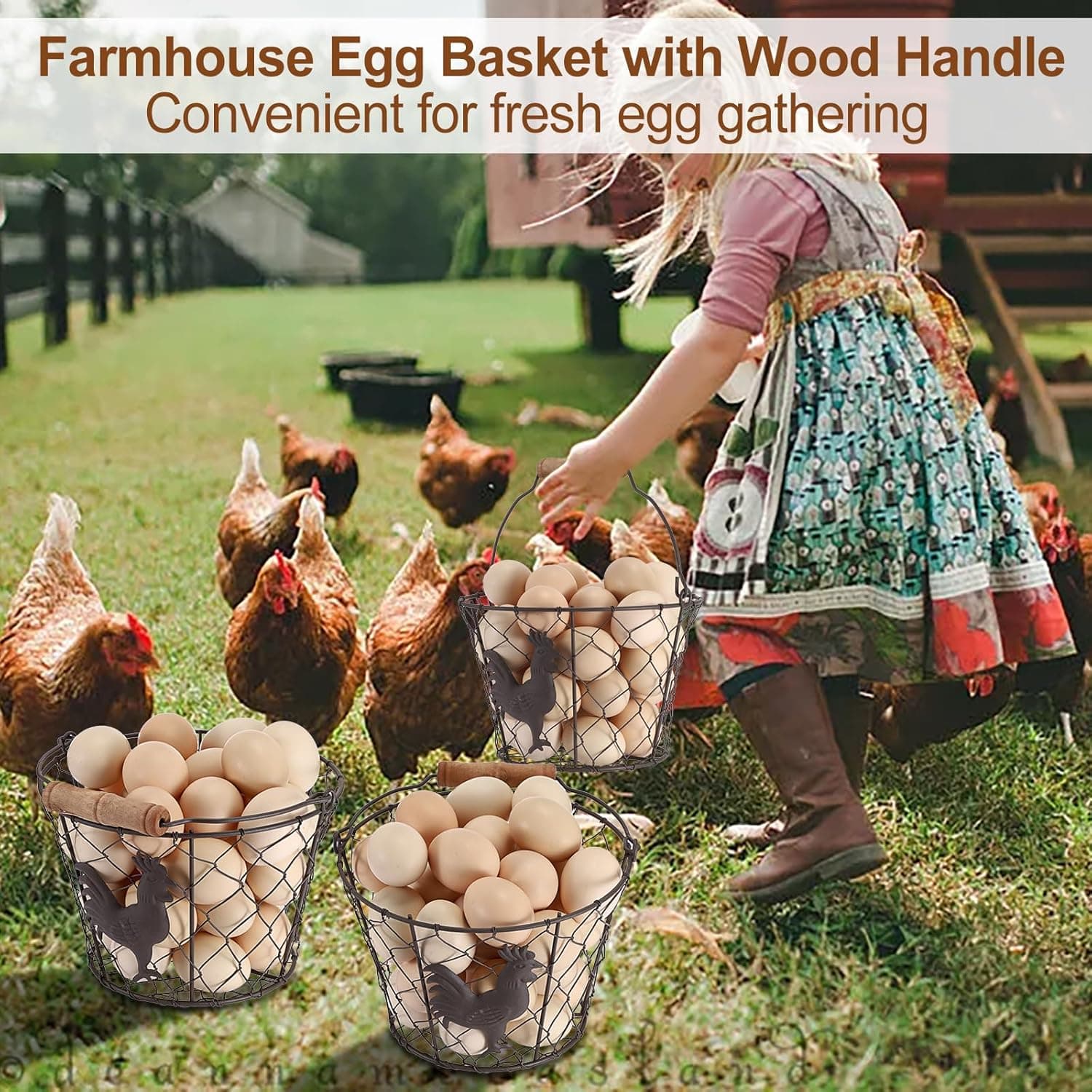 OGANAZI 3-Piece Farmhouse Egg Collecting Baskets with Wood Handle thumbnail 5