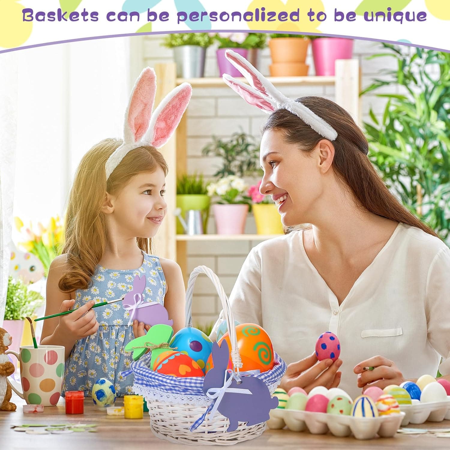 Weewooday 2 Pcs Wicker Easter Basket Tote Bags with 2 Name Tags Wooden Bunny, Easter Basket with Handle with Removable Liner for Party Supplies(Blue, Purple) : Baby thumbnail 5