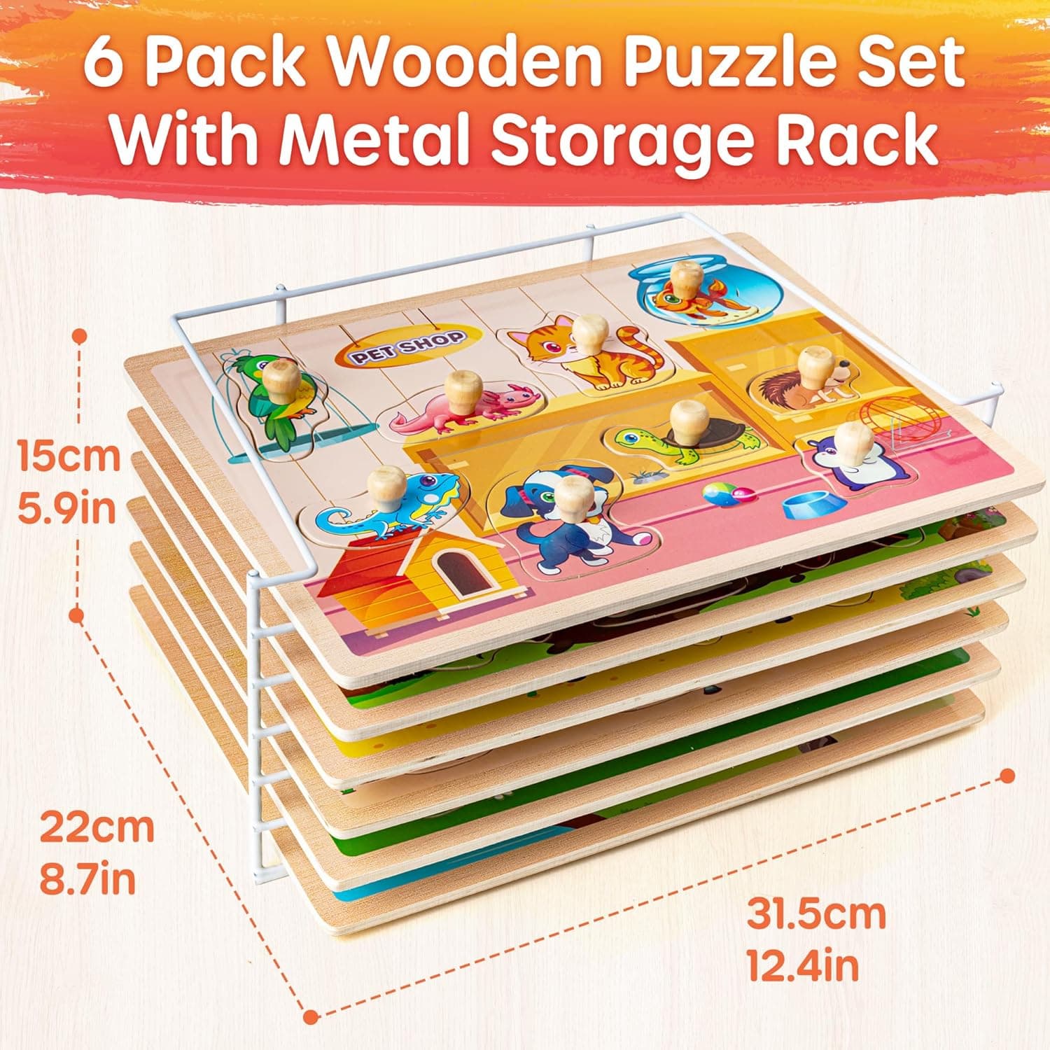 SYNARRY Wooden Puzzles for Toddlers 1-3, 6 Piece Set with Rack thumbnail 5