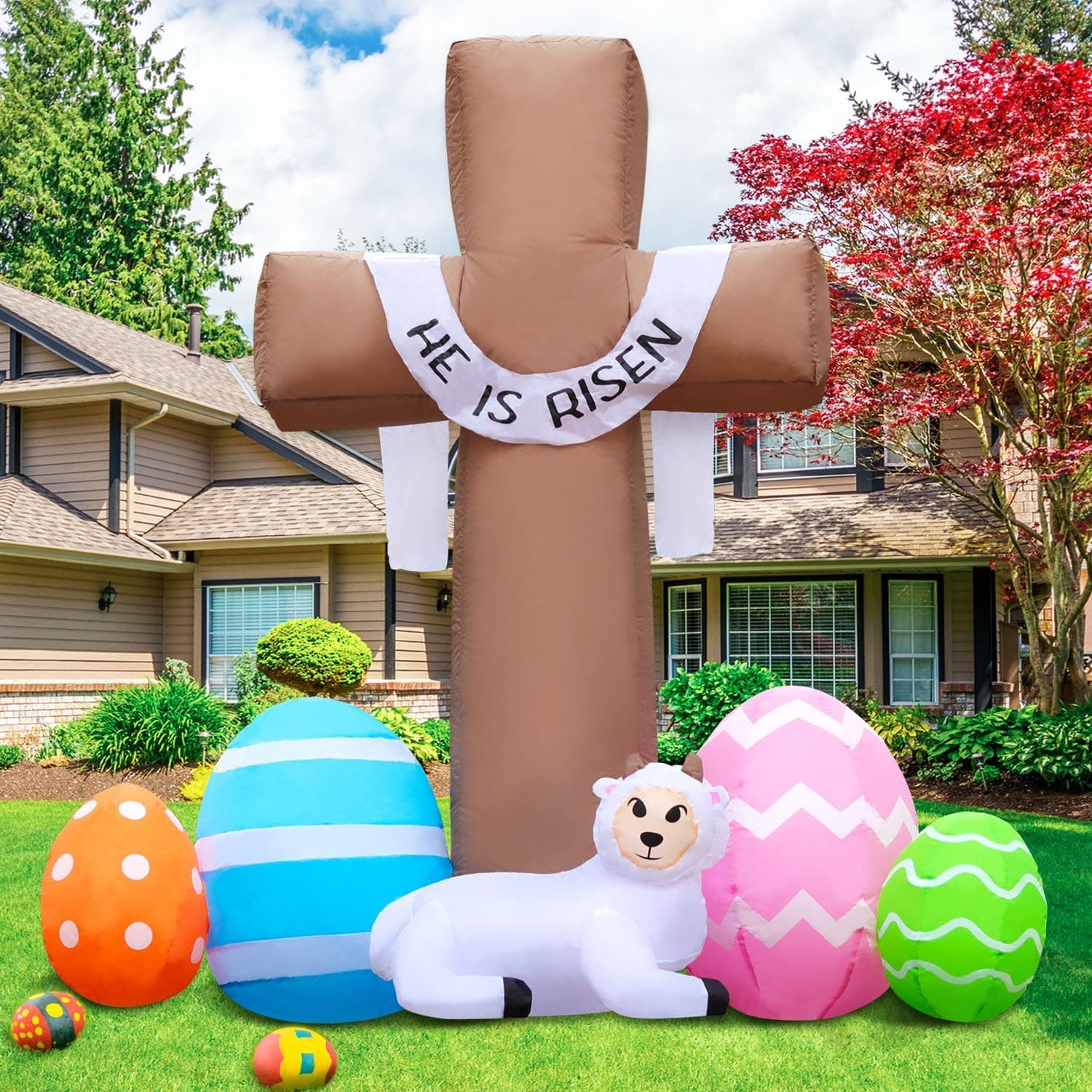 6FT Easter Inflatable Outdoor Decoration - He is Risen Cross with LED Lights image 1
