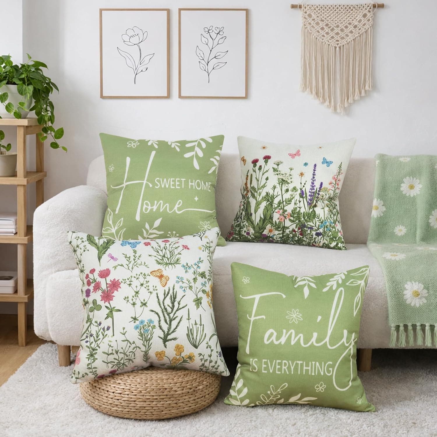 Sage Green Floral Throw Pillow Covers Set of 4 - 18x18 thumbnail 4