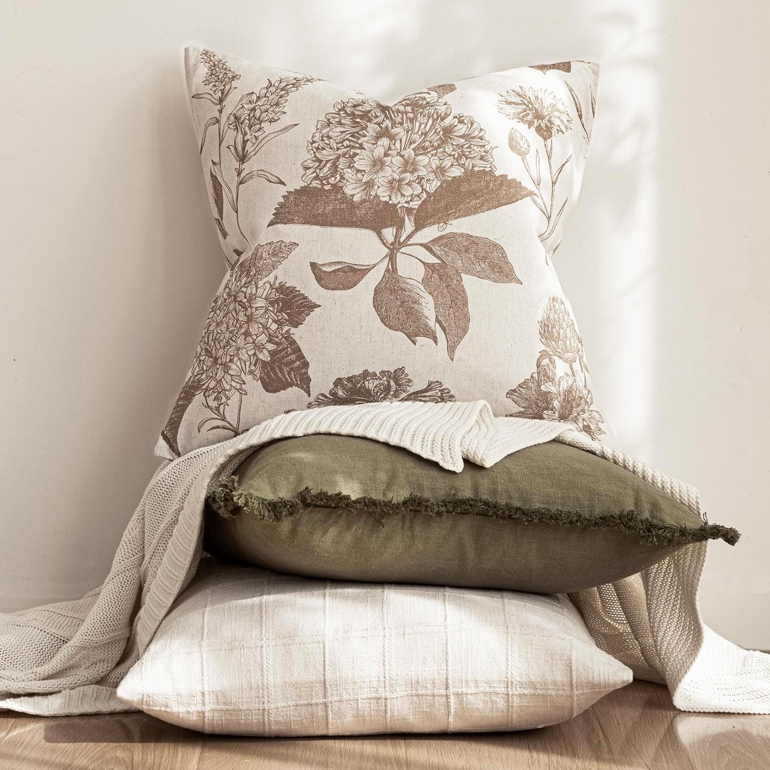 Foindtower Set of 2 Linen Floral Throw Pillow Covers Neutral Vintage Print Decorative Cushion Covers Farmhouse Boho Home Decor for Sofa Chair Couch Bedroom Living Room,22×22 Inch,Light Brown : Home &amp; Kitchen thumbnail 5