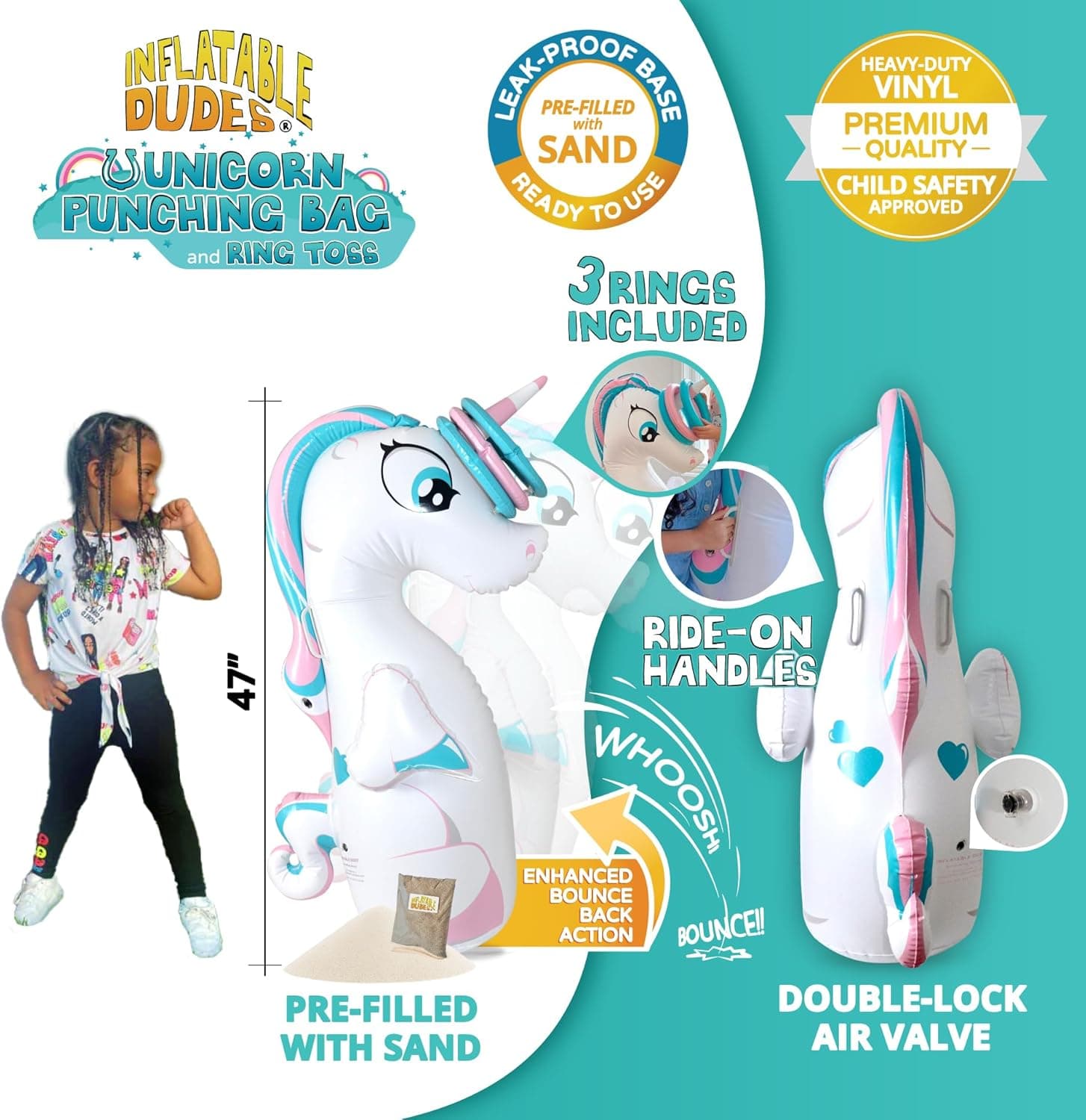 Inflatable Dudes Unicorn Toy Punching Bag with Ring Toss Game - 47 Inches thumbnail 3