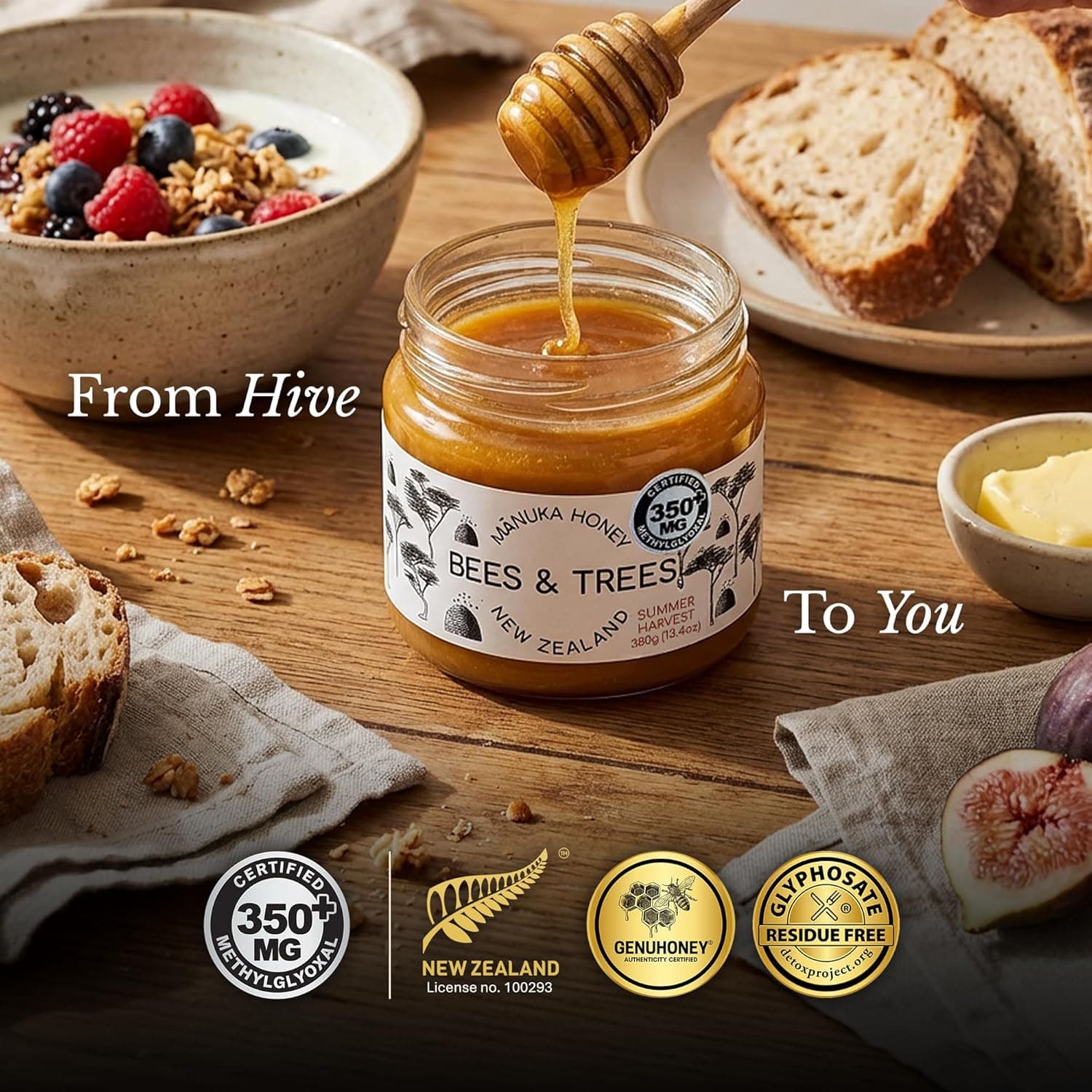 Bees &amp; Trees Manuka Honey 350+ MGO - Raw Pure New Zealand Monofloral Honey – Unpasteurized &amp; Natural Unfiltered Manuka for Tea, Coffee, Dressings, Smoothies &amp; Daily Use – Glass Jar, 380g (13.4oz) : Grocery &amp; Gourmet Food thumbnail 4