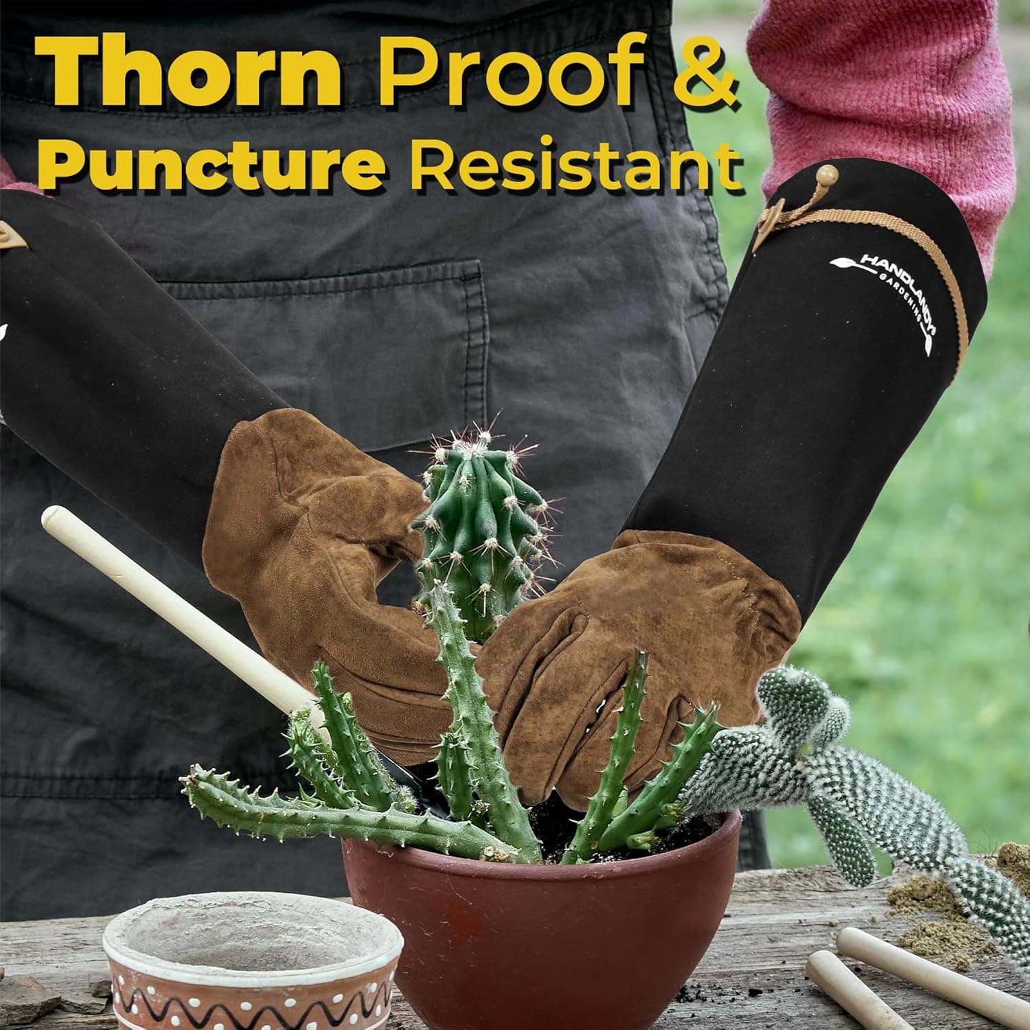 HANDLANDY Long Gardening Gloves for Men &amp; Women, Pigskin Leather Rose Pruning Gloves, Breathable Thorn Proof Gauntlet Glove (Coffee Brown, M) : Patio, Lawn &amp; Garden thumbnail 3