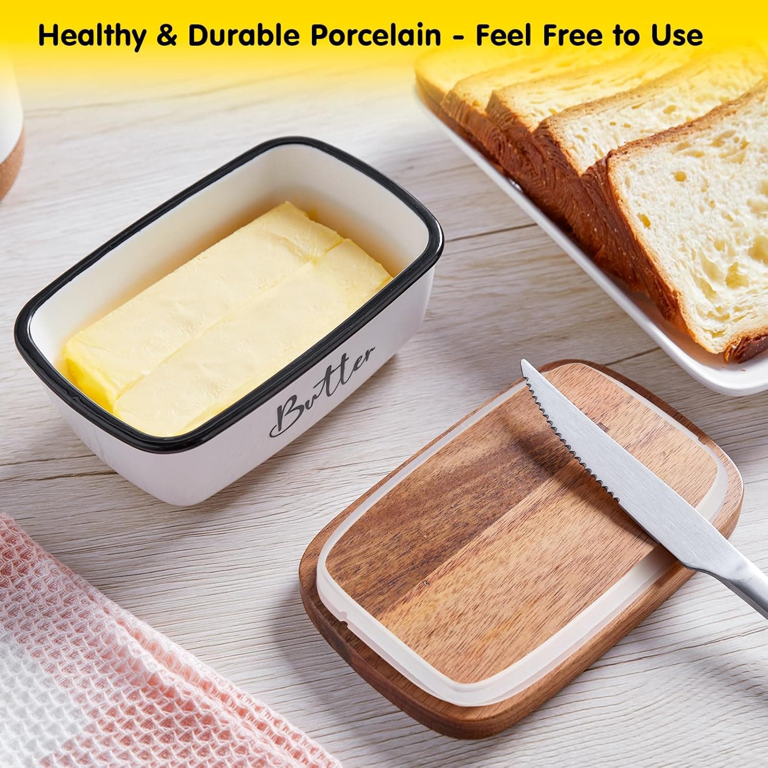 Butter Dish with Lid, ALELION Large Ceramic Butter Dish for Countertop, Butter Keeper with Thick Acacia Wood Lid, Kitchen Decor and Accessories for Kitchen Gifts, White: Butter Dishes thumbnail 5