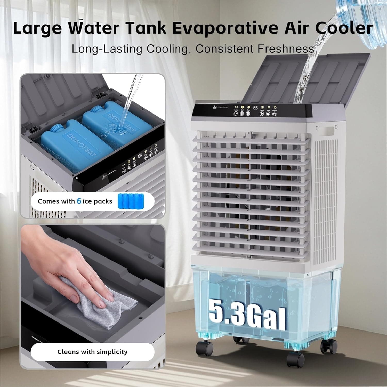 Swamp Cooler,1800CFM Air Cooler with 5.3 Gal Water Tank, 2 Modes 3 Speeds,l,6 Ice Boxes,120°Oscillation,12H Timer, Evaporative Air Cooler for Indoor,Home,Office,Kitchen,Bedroom : Home &amp; Kitchen thumbnail 5