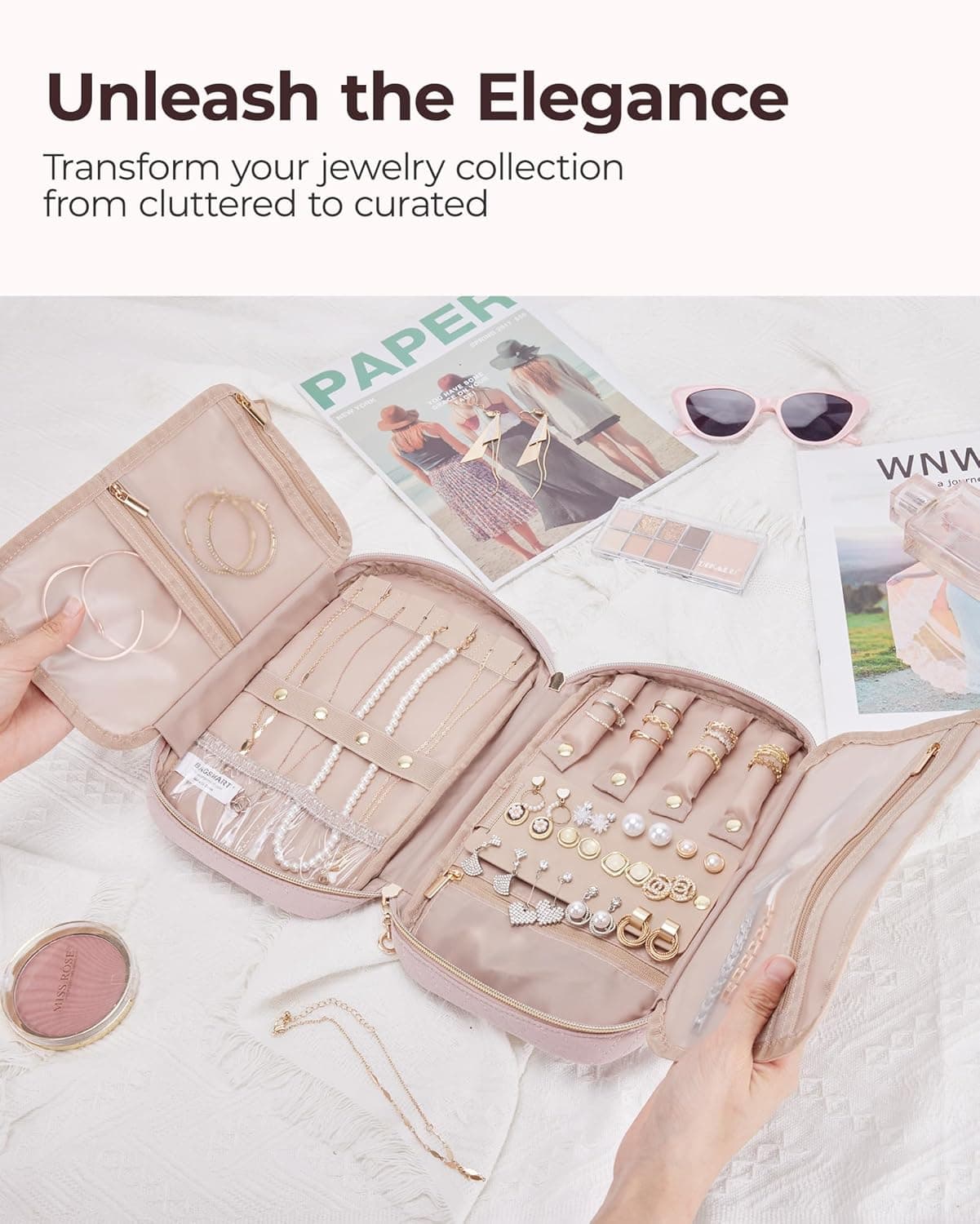 BAGSMART Jewelry Organizer Case Large Travel Jewelry Storage Bag for Necklace, Earrings, Rings, Bracelet, Soft Pink : Clothing, Shoes &amp; Jewelry thumbnail 3