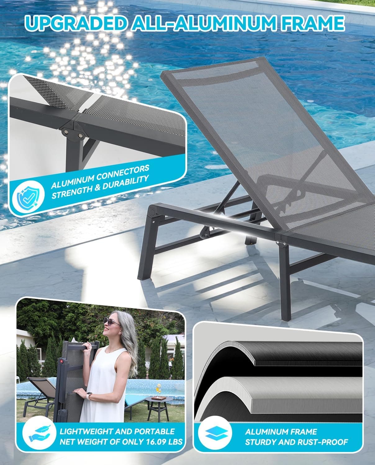 U ULAND Chaise Lounge Outdoor, Aluminum Outdoor Chaise Lounge Set of 2 Assemble-Free, Patio Lounger Poolside Lay Flat Sunbathing Adjustable Backrest Pool Lounge Chair : Patio, Lawn &amp; Garden thumbnail 5