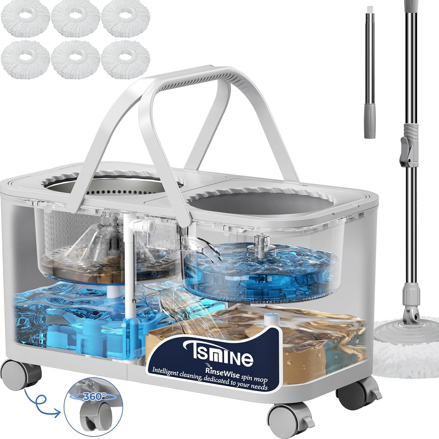 Compact Spin Mop for Apartments &amp; Small Spaces, Clean &amp; Dirty Water Separation Mop Bucket for Pet Owners &amp; Daily Cleaning,360° Swivel Wheels, Safe for Hardwood &amp; Tile, Adjustable Handle, 6 Mop Heads : Health &amp; Household image 1