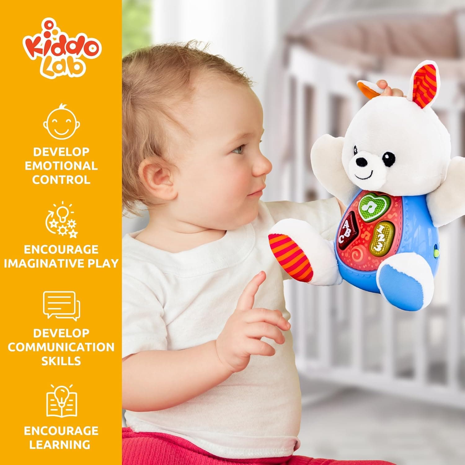 KiddoLab Easter Bunny Plush Toy - Musical Stuffed Animal with 3 Light-Up Buttons, 8 Fun Nursery Rhymes &amp; Sound Effects - Soft Basket Stuffer for Infants, Babies, and Toddlers Aged 3 Months + : Toys &amp; Games thumbnail 2