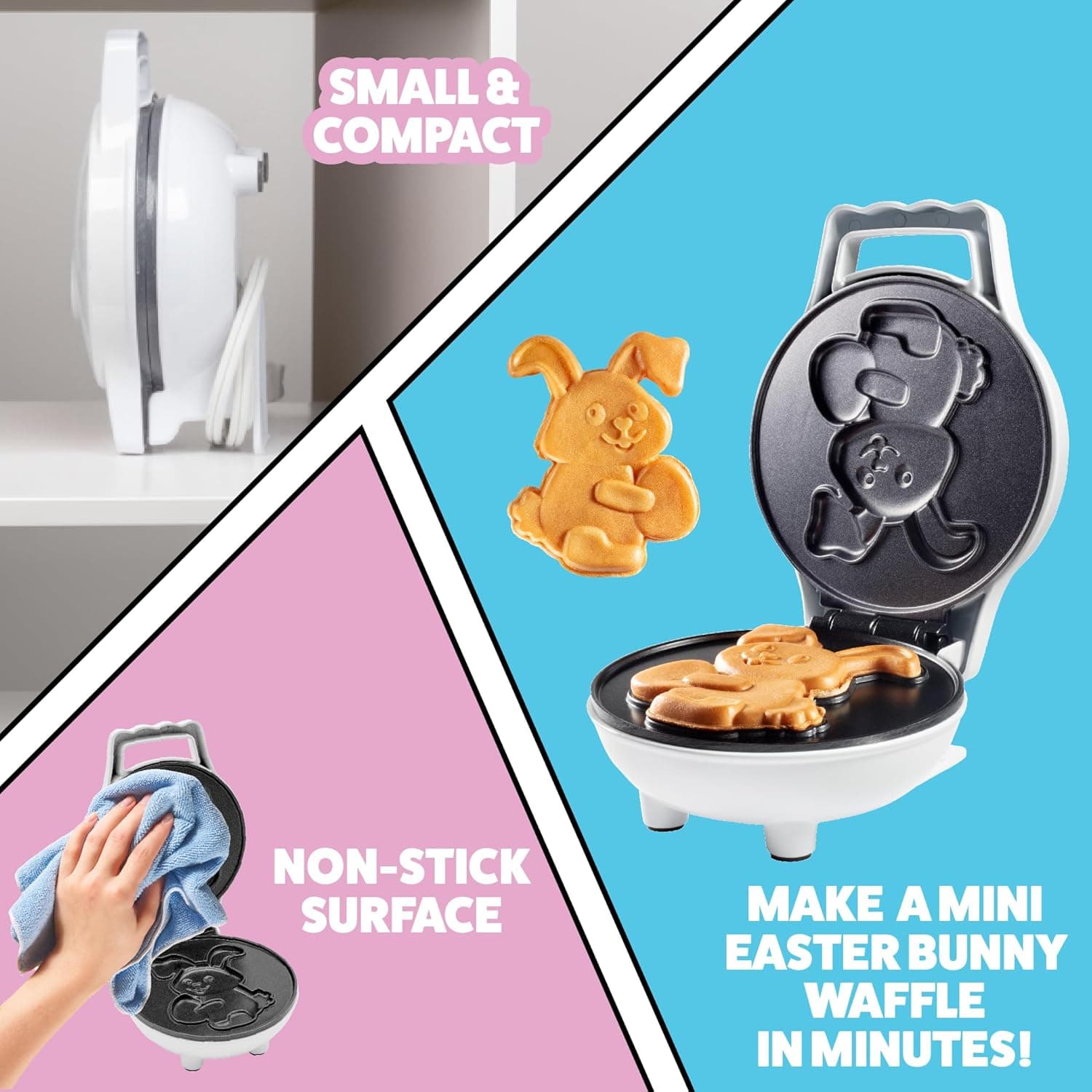 Easter Bunny Mini Waffle Maker- Make Holiday Breakfast Special for Kids &amp; Adults w Cute Animal Waffles or Pancakes- Individual 4 Inch Waffler Iron, Fun Basket Stuffer, Egg Hunt Gift, Frost or Decorate: Home &amp; Kitchen thumbnail 2