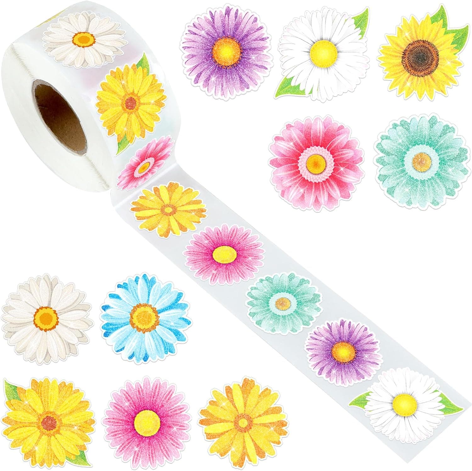 Flower Sticker Glitter Roll - Spring Daisy Sunflower Self-Adhesive Stickers image 1