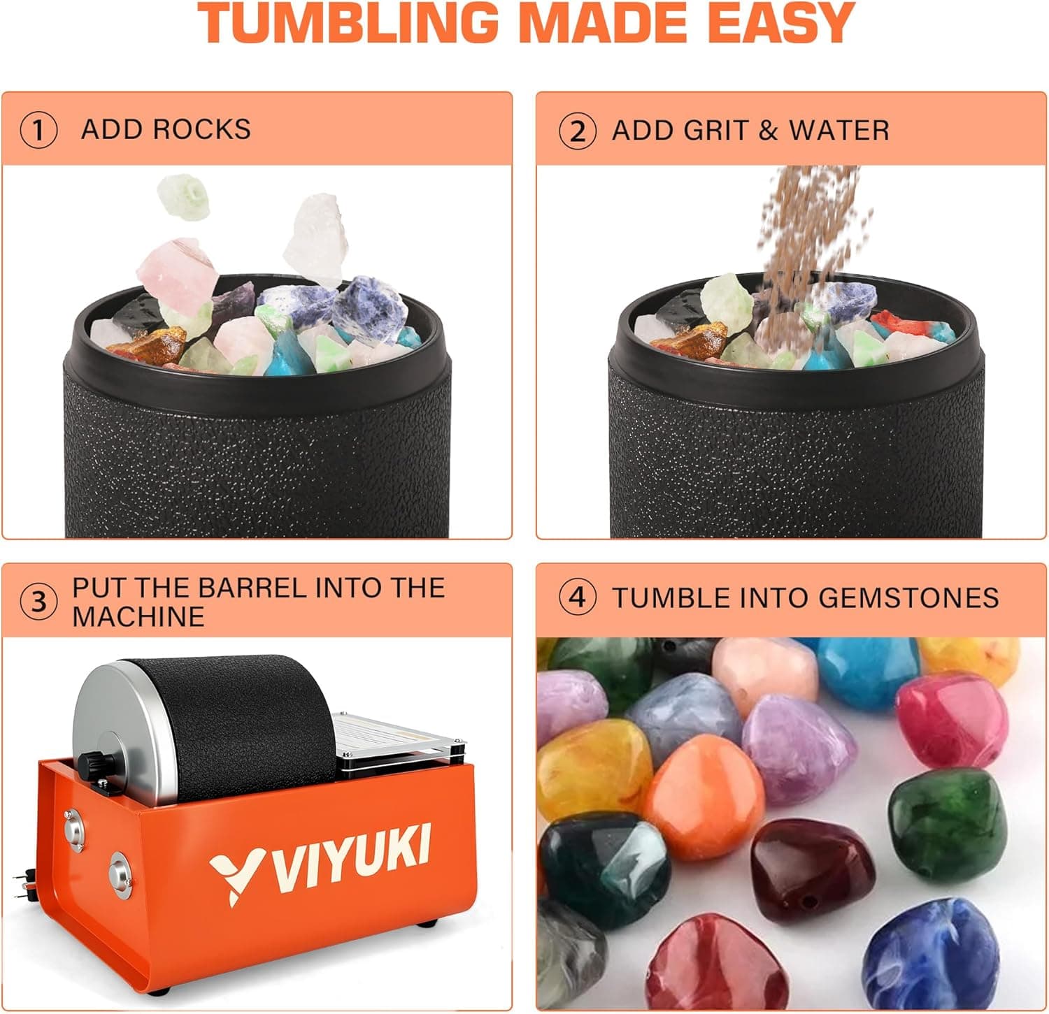 VIYUKI Rock Tumbler Kit- 3 Lb. Extra Large Capacity Barrel, Complete Rock Polisher with Durable Tumbler, Rocks, Grit, Educational Stem Science Kit : Toys &amp; Games thumbnail 3