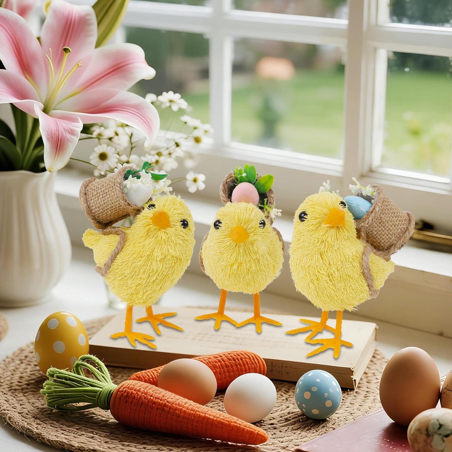 DR.DUDU Set of 3 Easter Decorations 4.5" Straw Chick Figurines with Egg Baskets, Realistic Baby Chick Tabletop Decor, Sisal Chicken Statue Farm Animal Spring Decor for Home Kitchen Office Farmhouse : Home &amp; Kitchen thumbnail 2
