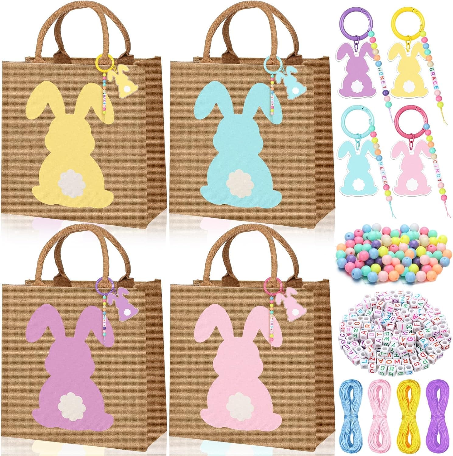 Hillban 4 Sets Personalized Easter Burlap Gift Bags Reusable Large Egg Hunt Bunny Tote with Handles and DIY Name Beads Keychain Making Kit for Women Jute Baskets for Easter Party Favors Gifts Storage : Health &amp; Household — Easter Gifts gift idea