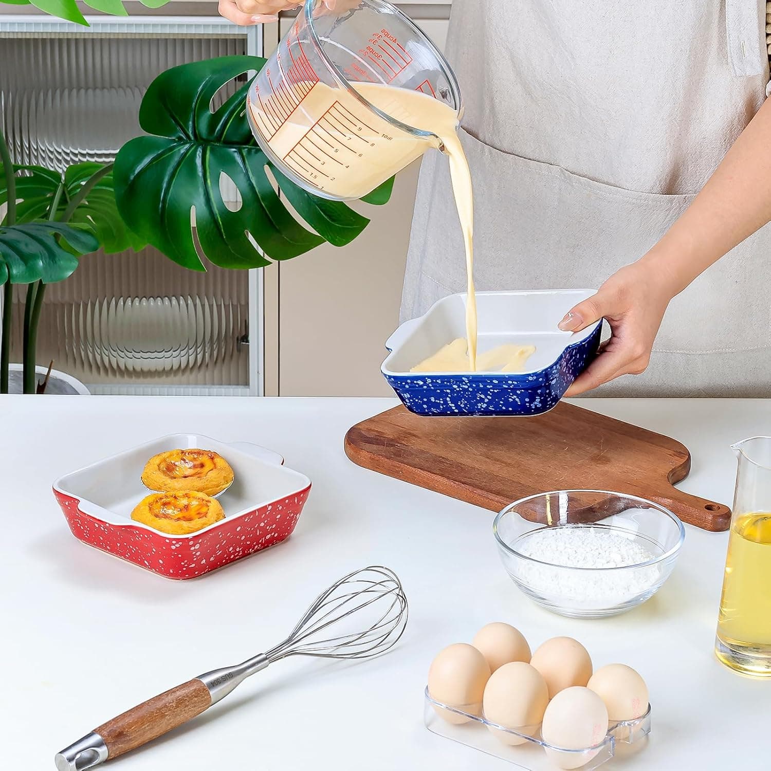 NUTRIUPS 5.5“ Square Ceramic Baking Dish Set, 2-Pack Small Baking Pan 13oz Mini Casserole Dish for 1~2 Baking &amp; Serving (Red&amp;Blue): Home &amp; Kitchen thumbnail 3