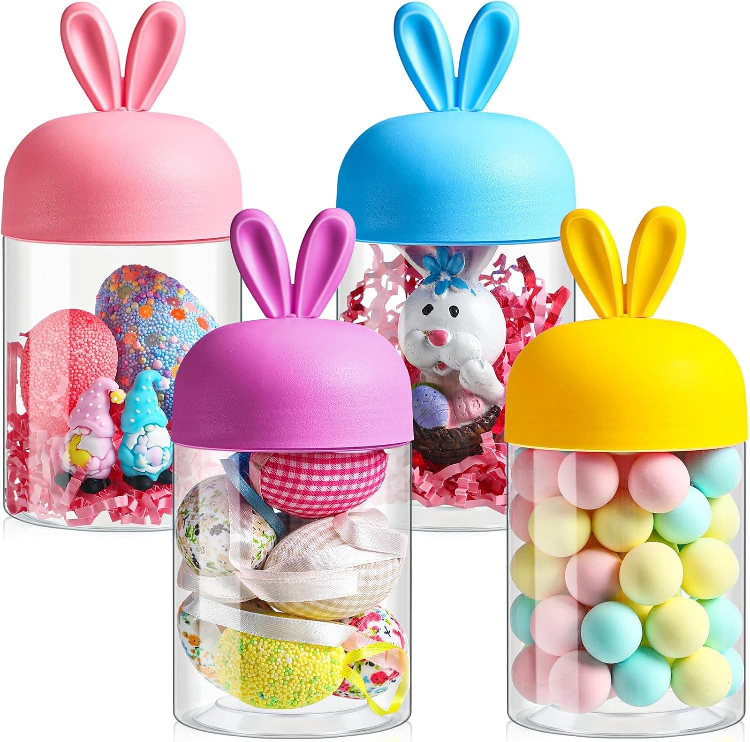 Mimorou 4 Pcs Easter Plastic Jar with Bunny Ear Cap Clear Candy Jar Easter Decorations Food Storage Canister for Easter Party Gift Chocolate Candy Sweets Mini Eggs Table Decoration : Home &amp; Kitchen image 1