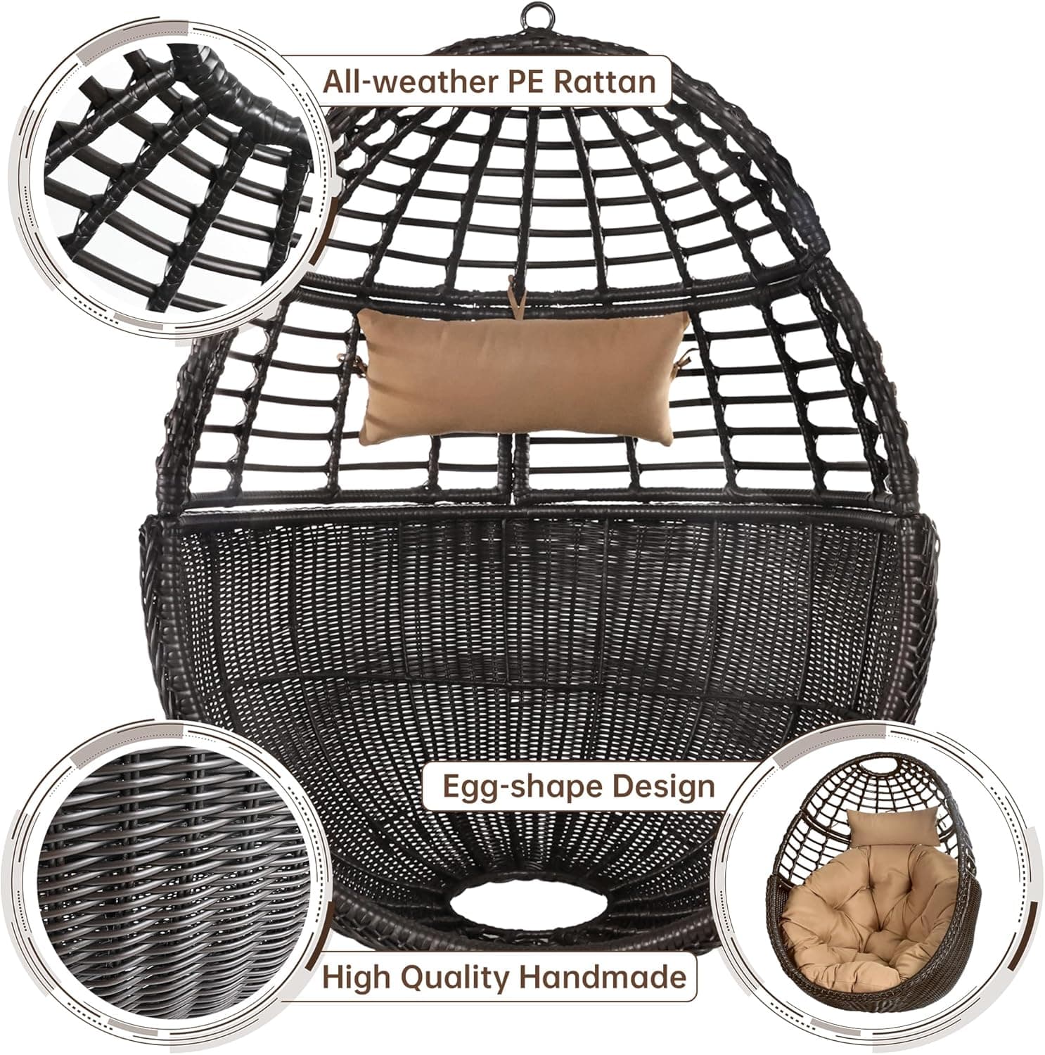 Ercimi Hanging Egg Chair Hammock Chair with Stand Wicker Rattan Chairs for Indoor Outdoor Patio Bedroom Swing Chair with Steel Frame and Soft Cushion : Patio, Lawn &amp; Garden thumbnail 4