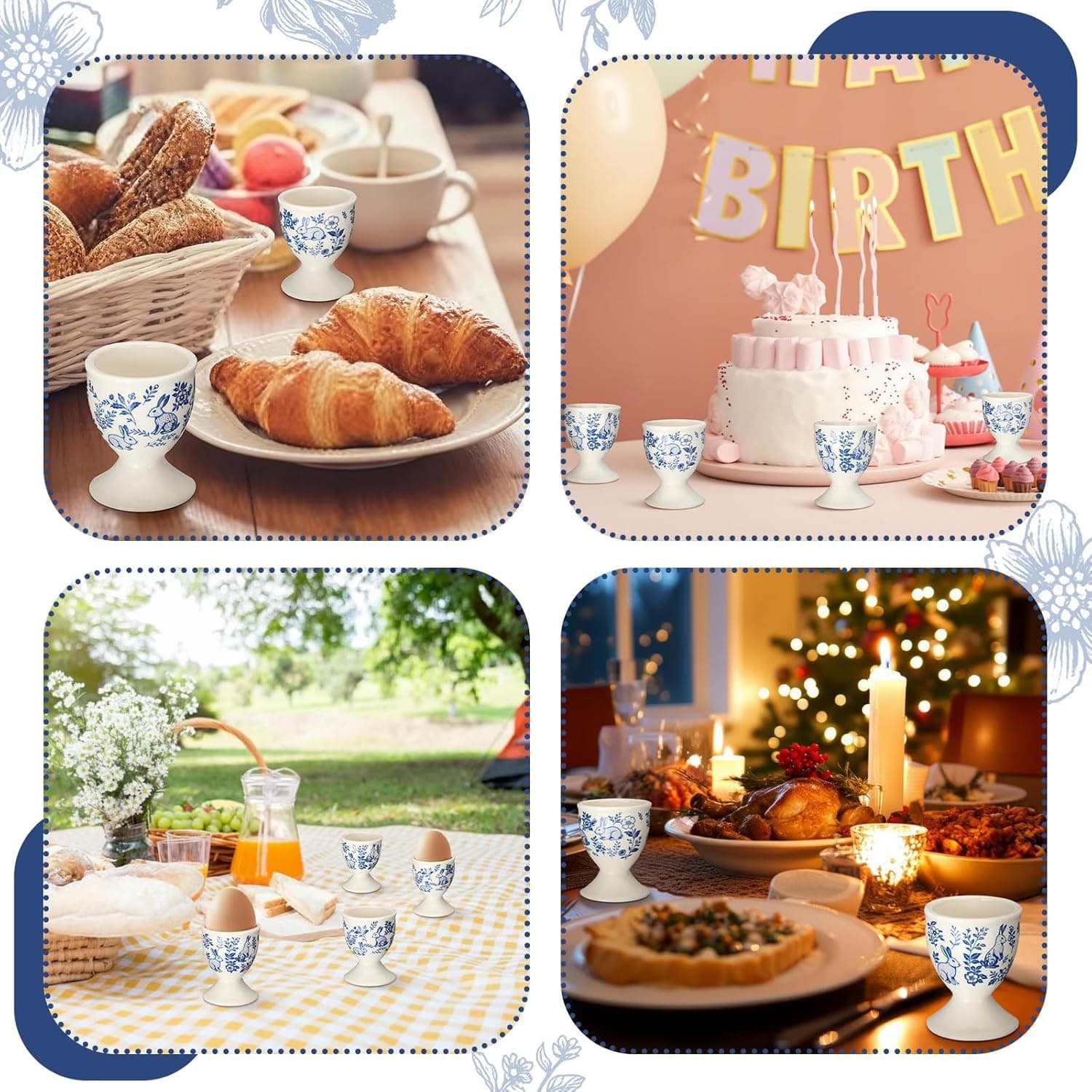 Easter Ceramic Egg Cups - Blue and White Bunny Holders (Set of 4) thumbnail 4