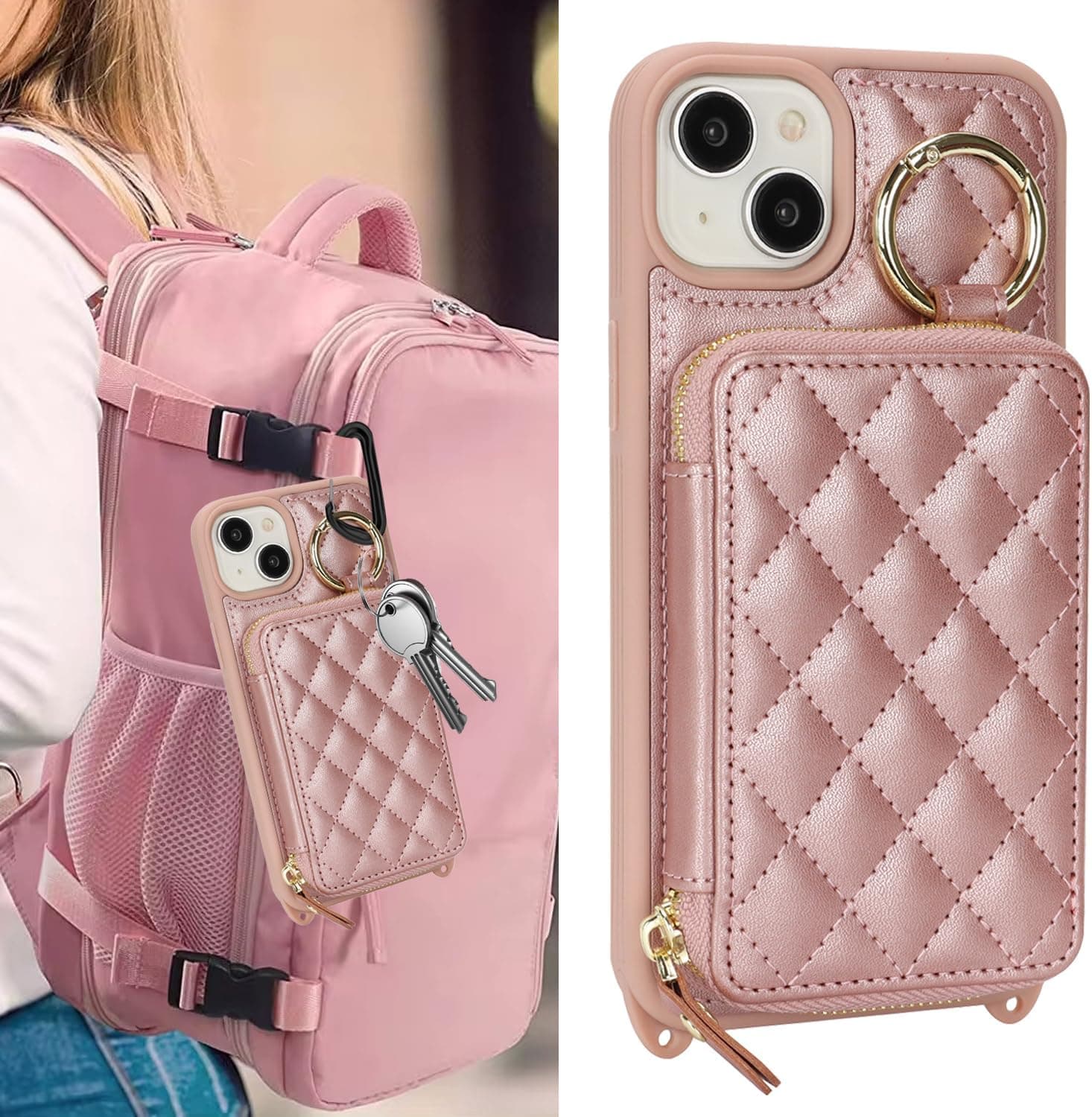 Hamany Crossbody Wallet Case for iPhone 15, PU Leather Zipper Handbag Purse Flip Cover, Kickstand Folio Case with Card Slots Holder Wrist Strap Lanyard 5G 6.1 Inch-Rose Gold : Cell Phones &amp; Accessories thumbnail 3