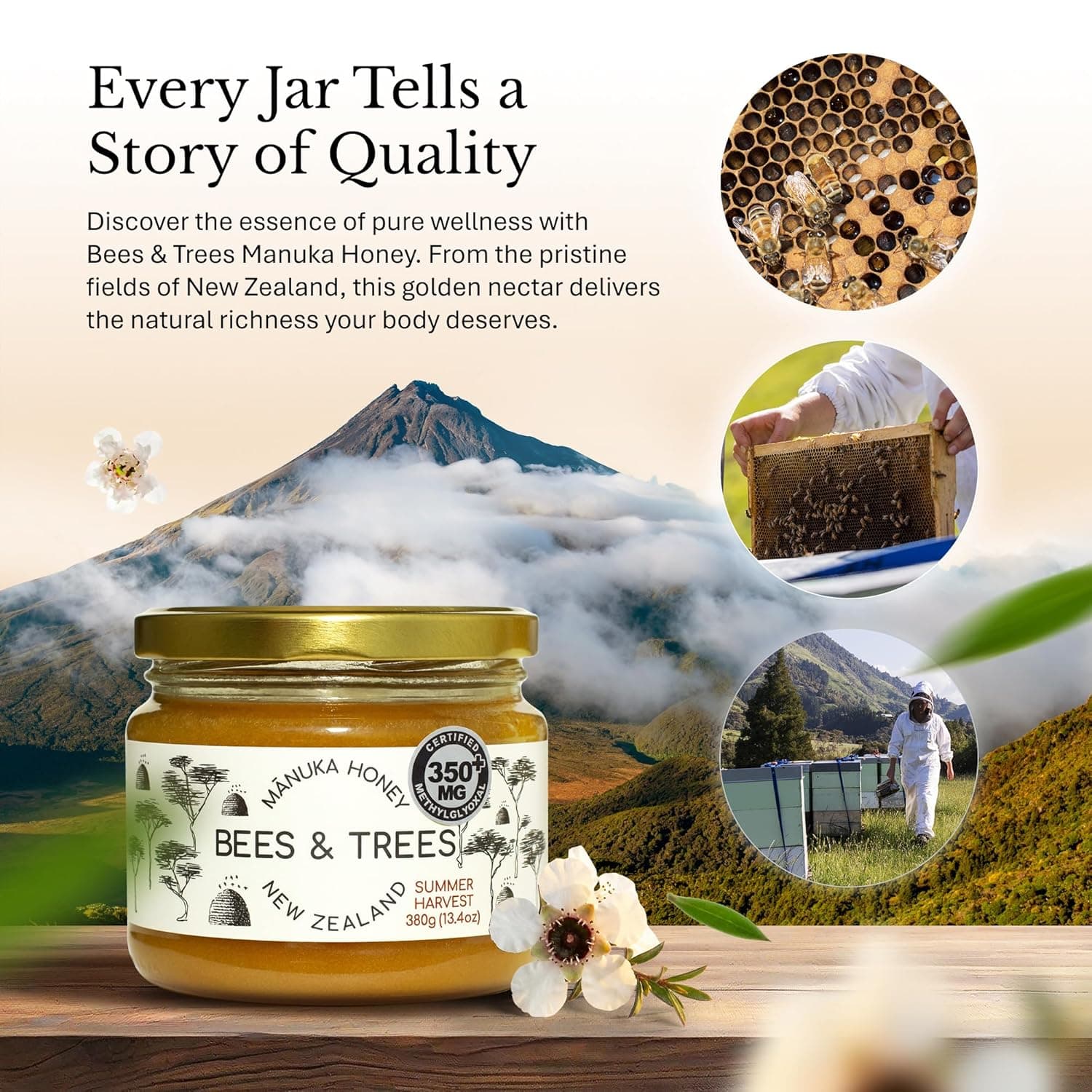 Bees &amp; Trees Manuka Honey 350+ MGO - Raw Pure New Zealand Monofloral Honey – Unpasteurized &amp; Natural Unfiltered Manuka for Tea, Coffee, Dressings, Smoothies &amp; Daily Use – Glass Jar, 380g (13.4oz) : Grocery &amp; Gourmet Food thumbnail 2