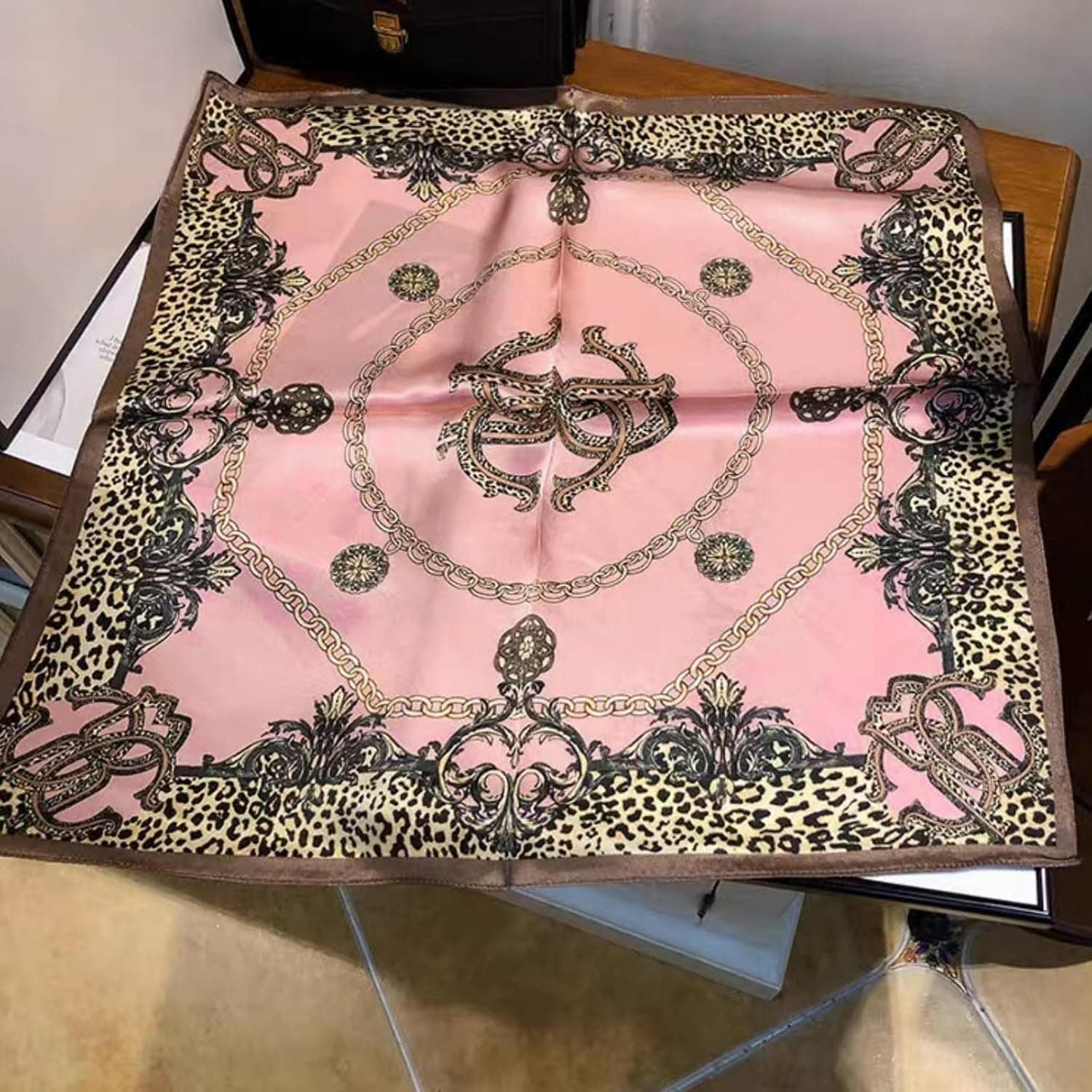 PoeticEHome 100% Mulberry Silk Square Neck Scarf - Pink Leopard thumbnail 2